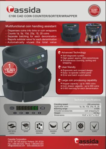 Cassida C100 Electronic Coin Sorter/Counter, Countable coins 1¢, 5¢, 10¢, 25¢, 250 coins/min, 110 VAC customer photo 2
