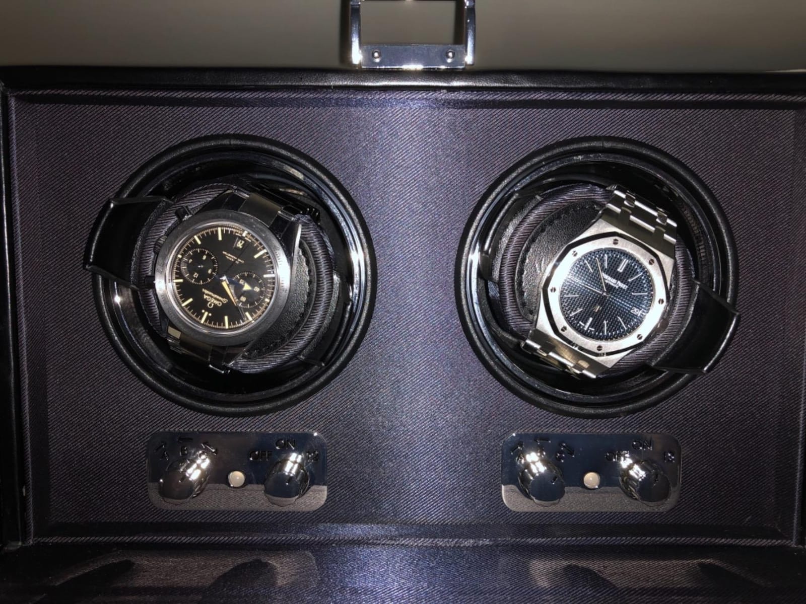 Wolf Heritage 4-Piece Winder with Glass Cover, Black - Secure Fit with Patented Lock-in Dynamic Cuff - for Bigger, Heavier Watches - Vegan Leather - Includes Universal Adapter customer photo 1