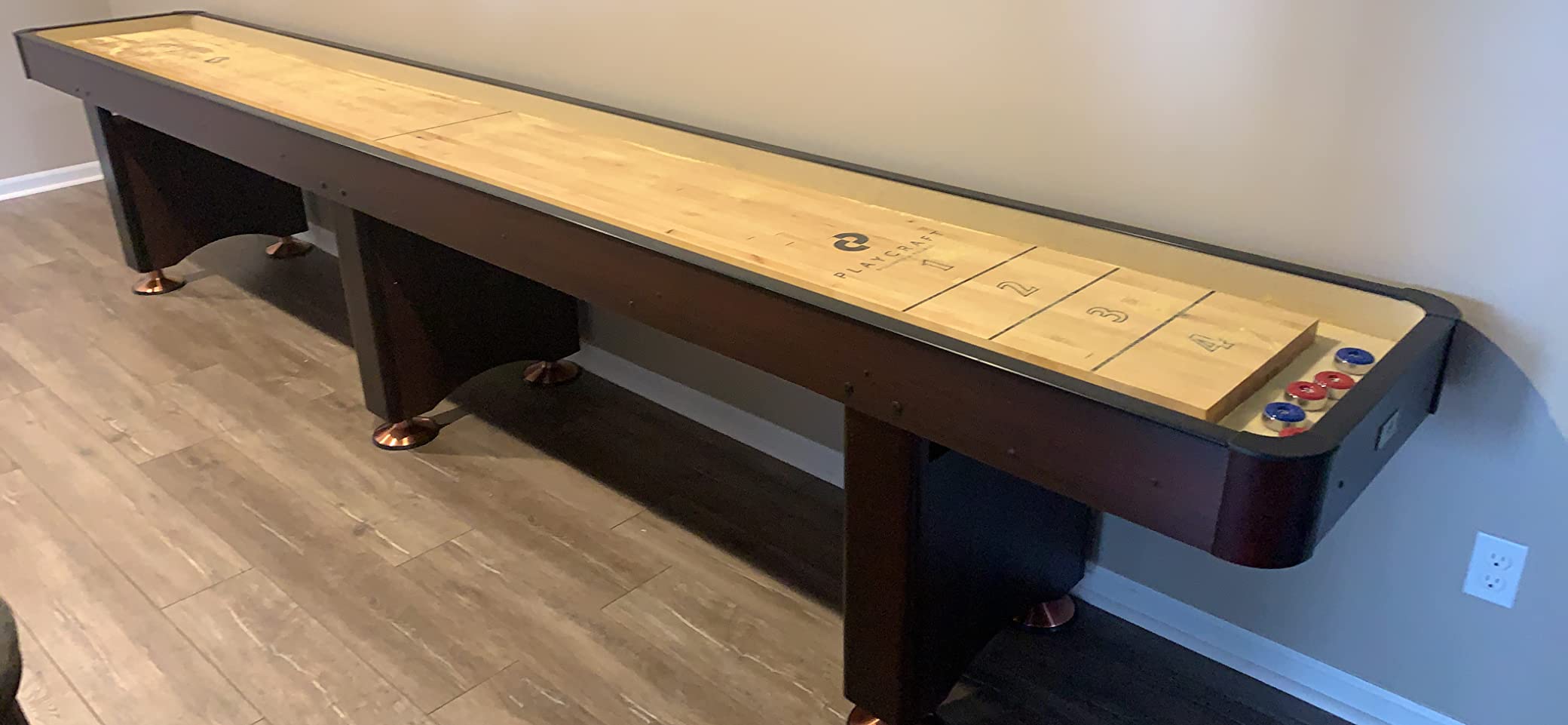 Playcraft Woodbridge Shuffleboard Table with Storage Cabinet - Shuffle Board Game Table Set with Matching Abacus, 8 Pucks, Brush & Wax (Made in USA) - Pro Style Climate Adjusters customer photo 2