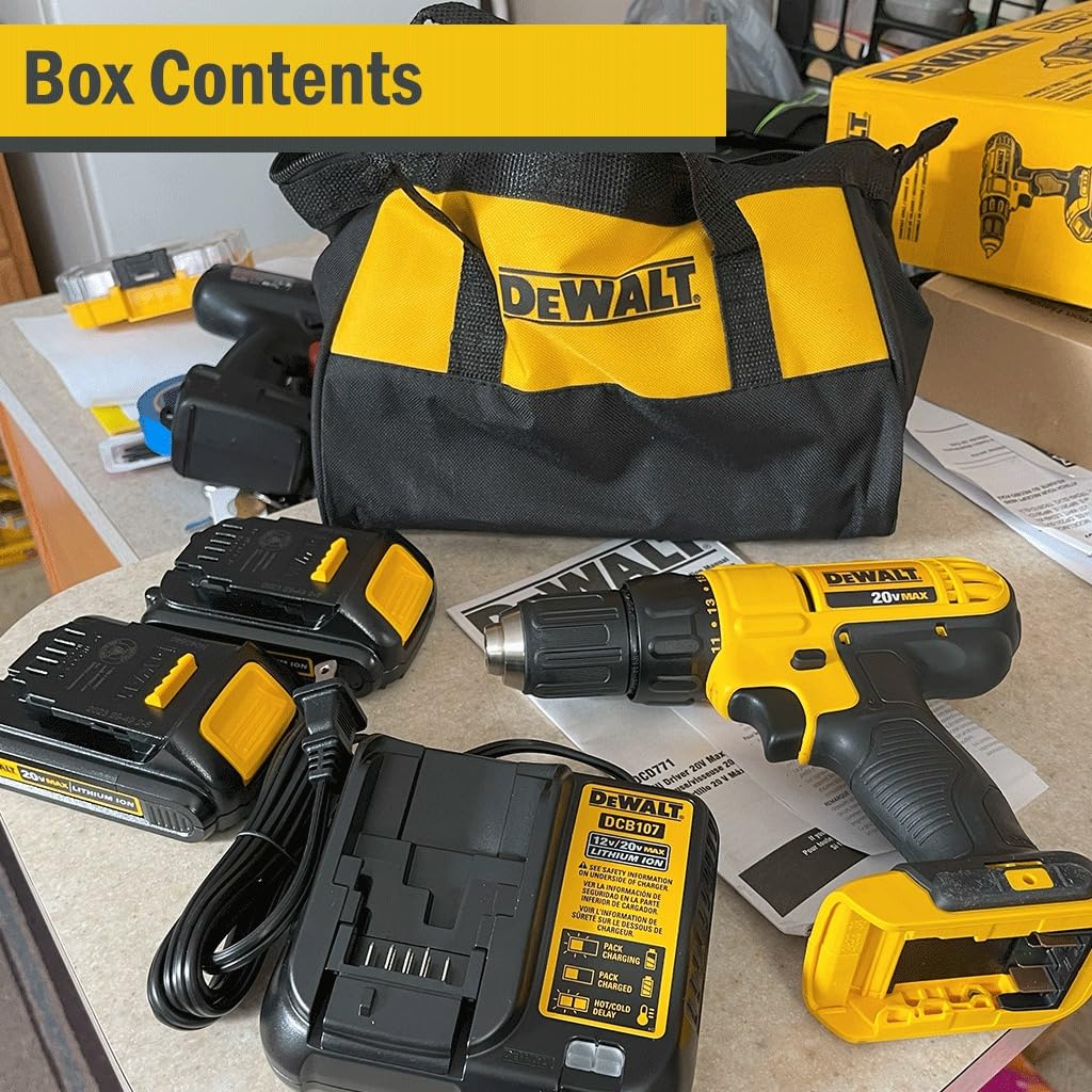 DEWALT 20V Max Cordless Drill Driver Set, 2 Speed, High Performance Motor, Includes 2 XR 1.3Ah Li-Ion Batteries, Charger and Contractor Bag (DCD771C2) customer photo 1