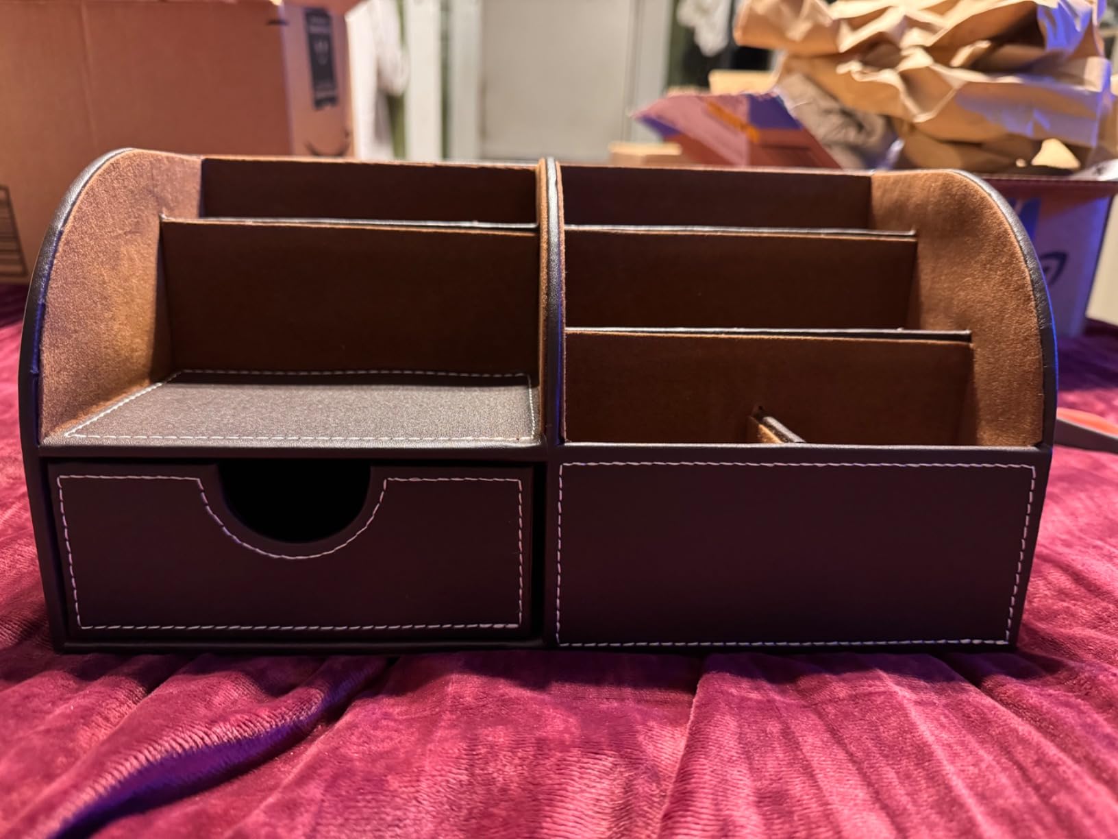 KINGFOM Pu Leather Desk Organizer Pen Pencil Holder Office Supplies Caddy Storage Box 6 Compartments with Drawer Brown customer photo 2