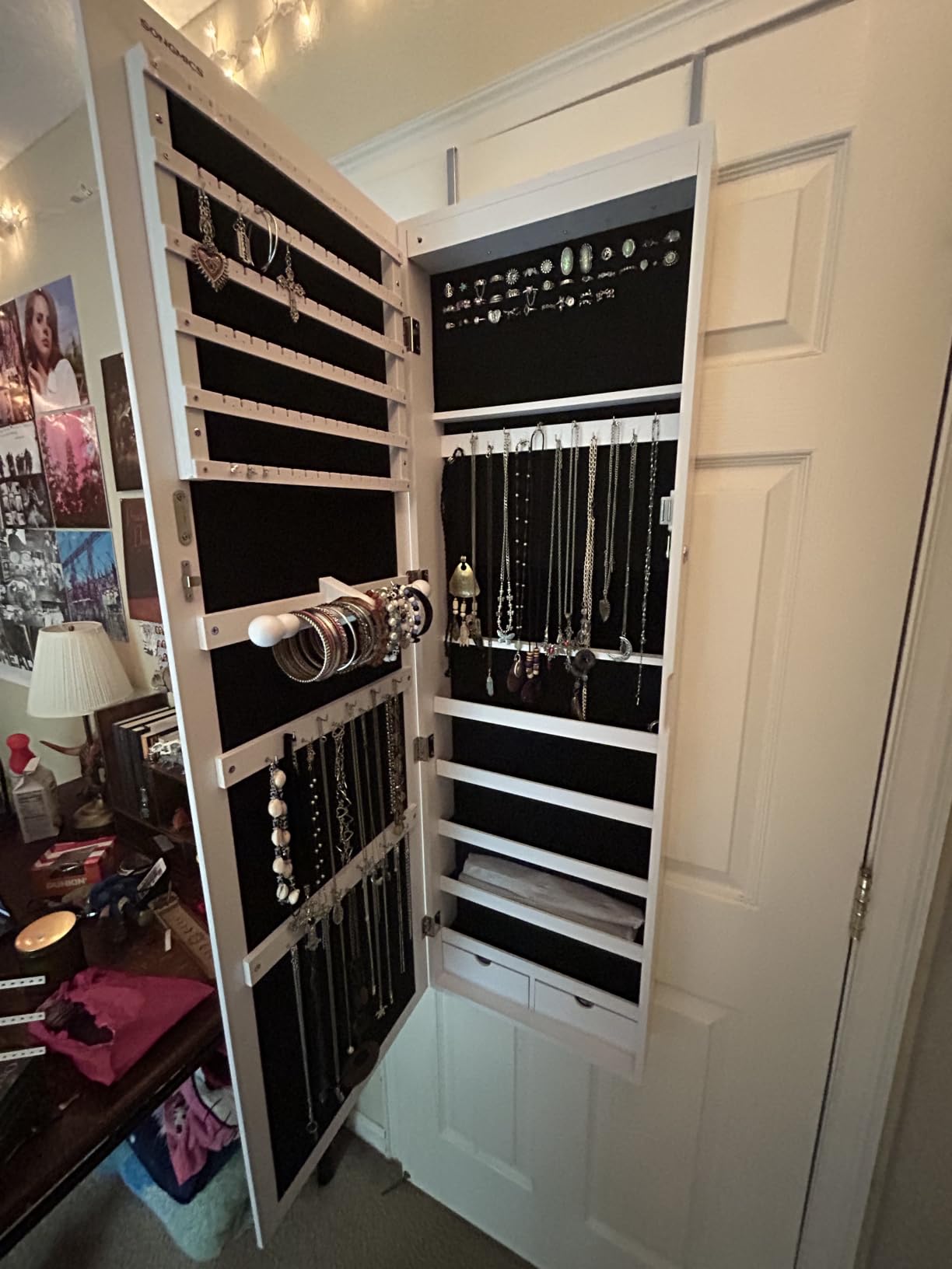 SONGMICS 6 LEDs Mirror Jewelry Cabinet, 47.2-Inch Tall Lockable Wall or Door Mounted Jewelry Armoire Organizer with Mirror, 2 Drawers, 3.9 x 14.6 x 47.2 Inches, White UJJC93W customer photo 2