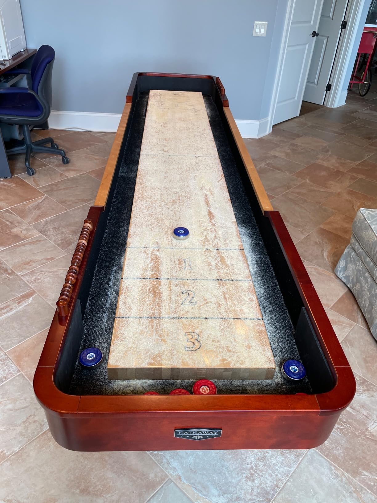 Hathaway Merlot 12 Foot Shuffleboard Table for Family Game Room - with Lacquer Coated Playfield, Built-in Scorer and Cabinet, Climate Adjusters, Leg Levelers, 8 Pucks, Brush, and Wax - Walnut Finish customer photo 2