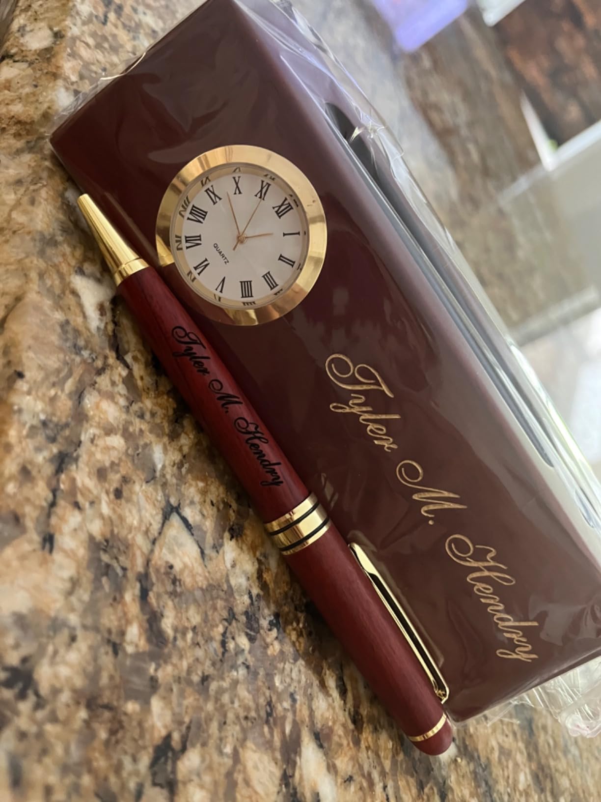 Personalized Solid Rosewood Business Card Holder with Clock and Ballpoint Pen customer photo 2