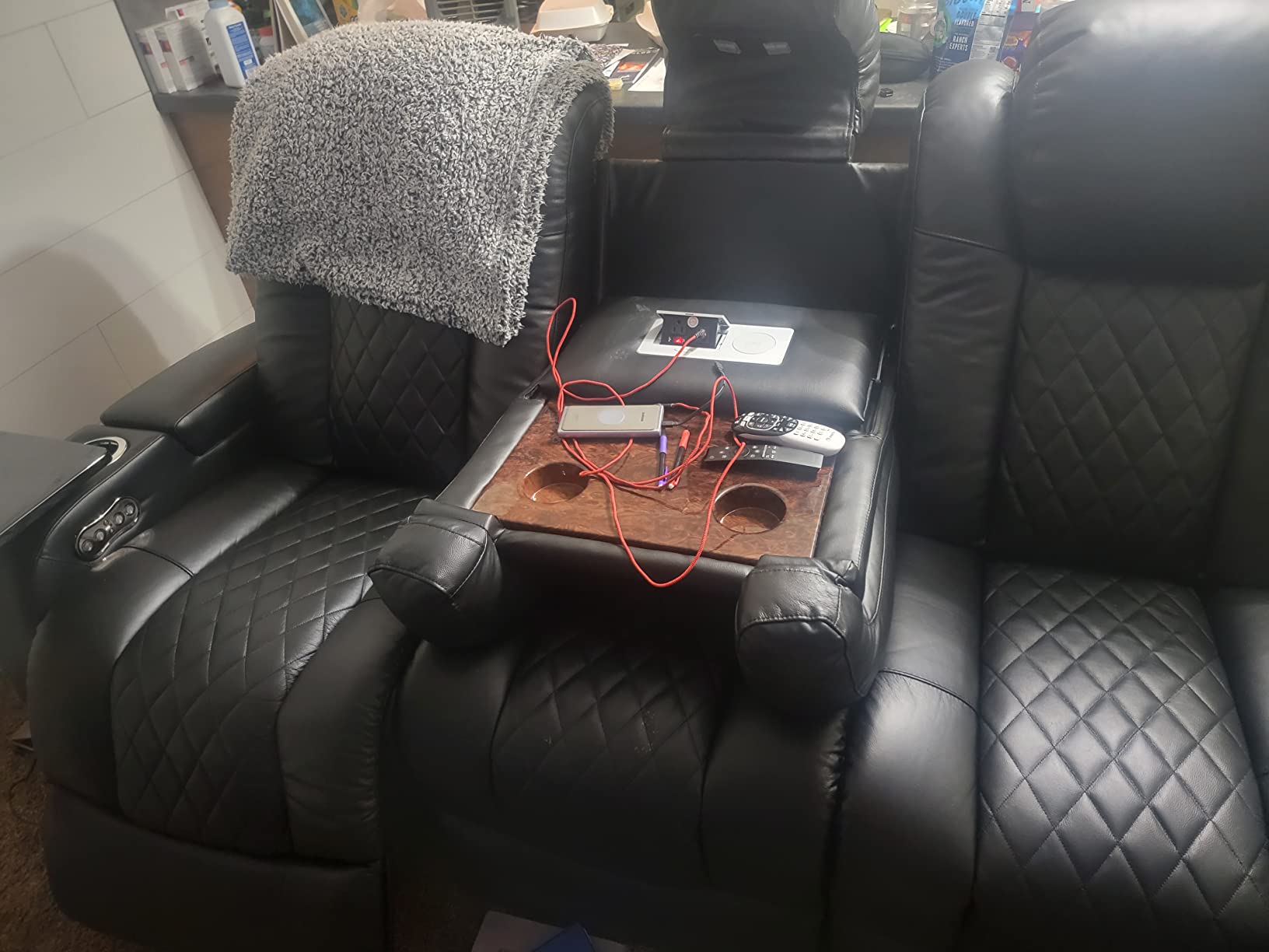 Seatcraft Anthem Home Theater Seating Black Sofa with Fold Down Table | Italian Leather, Powered Headrest, Power Recline, USB-A charging, Fold-Down Table customer photo 1