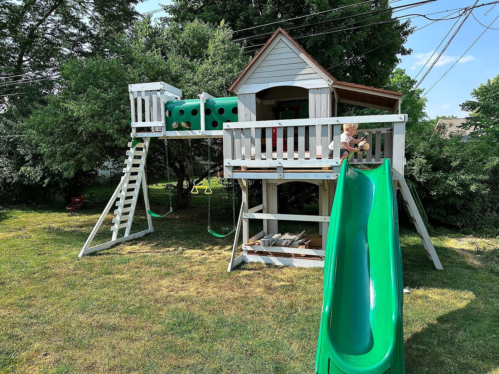 Backyard Discovery Woodridge Elite Cedar Wood Swing Set with Wave Slide, Clubhouse, Crawl Tunnel, Crow's Nest, Belt Swings, Trapeze, Rock Wall Ladder, Sandbox, Wrap-Around Porch, Deck, Outdoor Playset customer photo 2