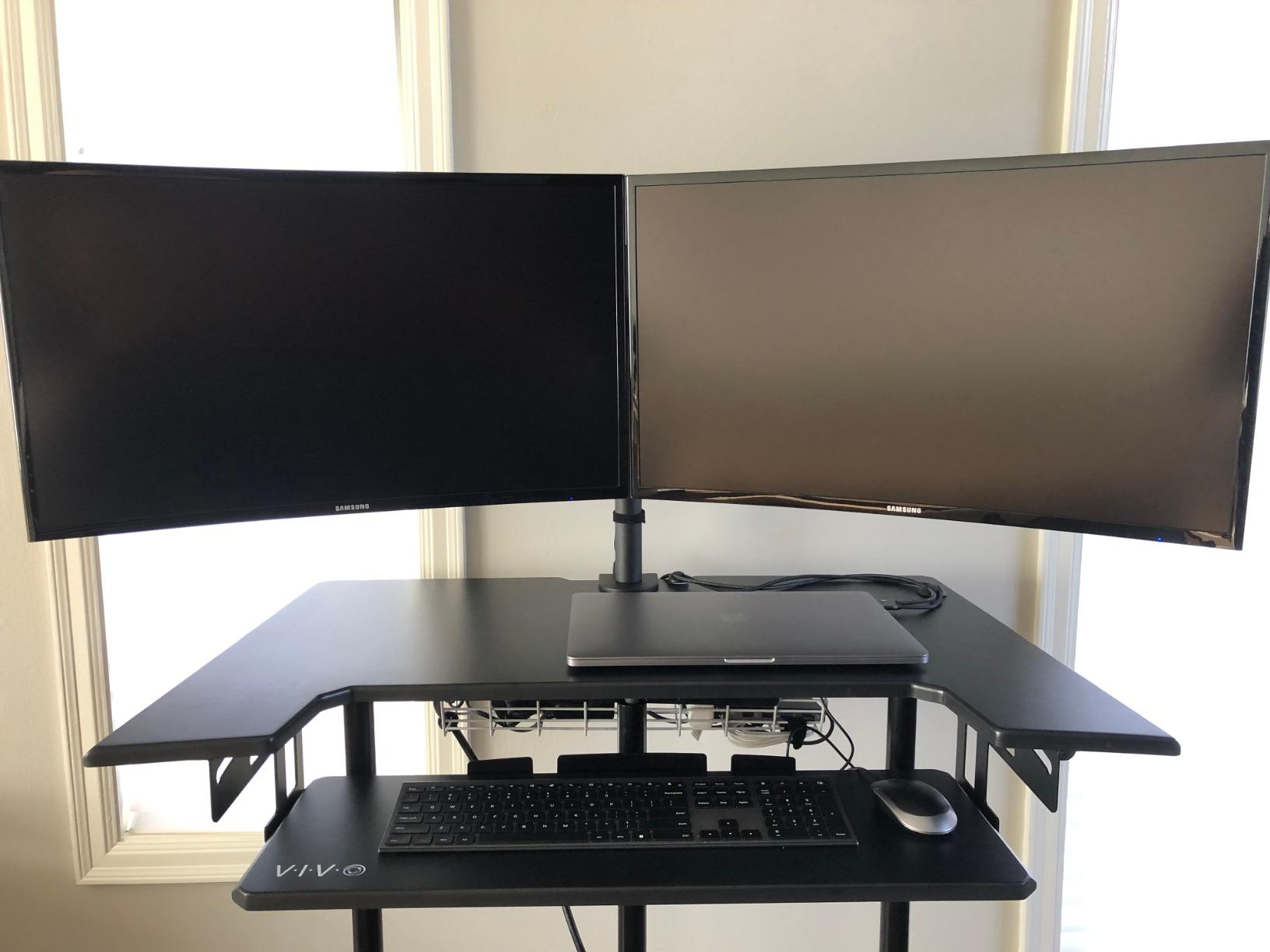 VIVO Mobile Height Adjustable Table, Stand Up Desk Cart with Sliding Keyboard Tray, Computer Workstation, Rolling Presentation Cart, Black, CART-V06A customer photo 2