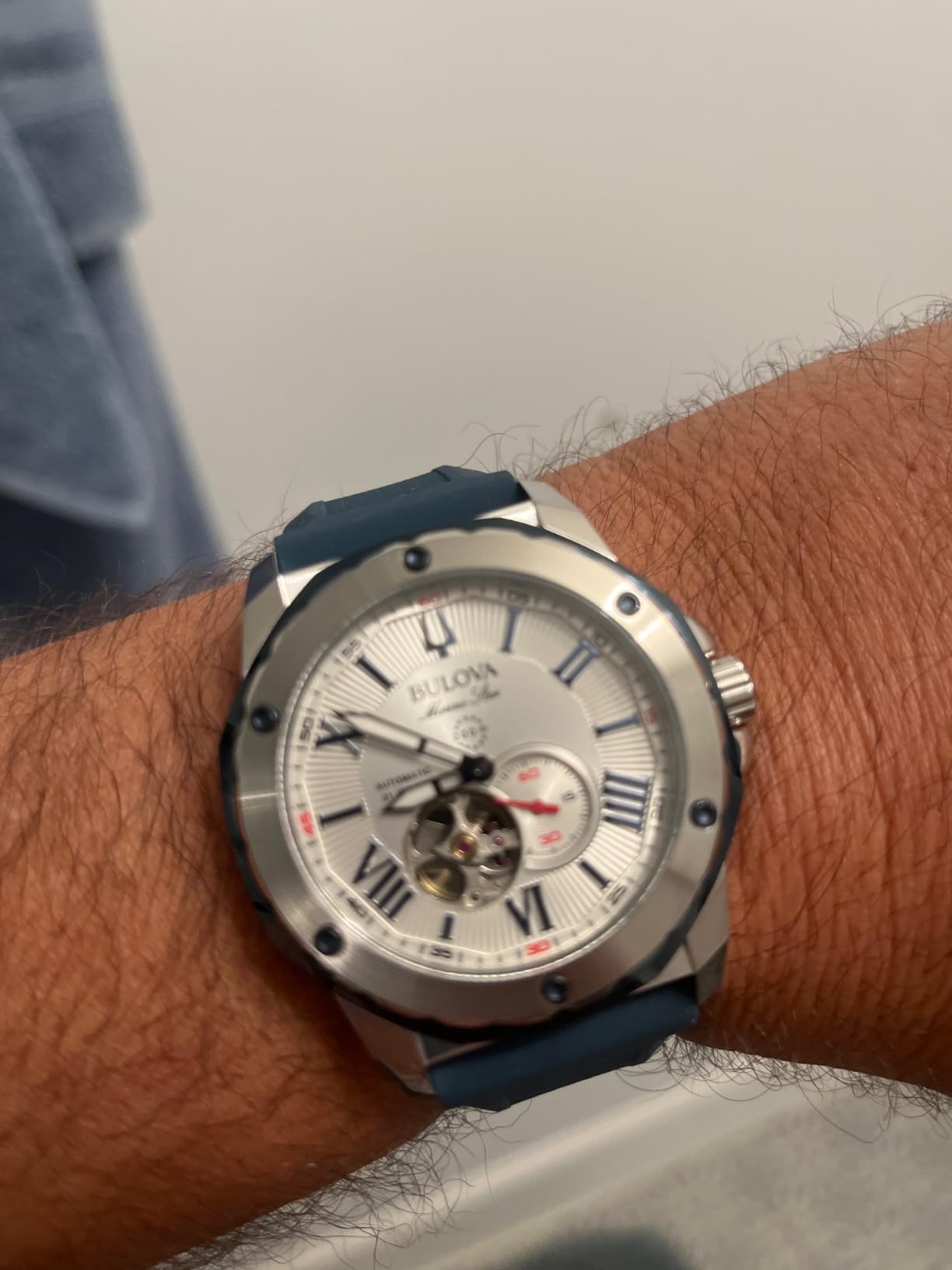 Bulova Men's Marine Star 'Series A' Automatic Stainless Steel Case with Blue Textured Silicone Strap, Open Aperture, Silver White Dial Model: 98A225 customer photo 1