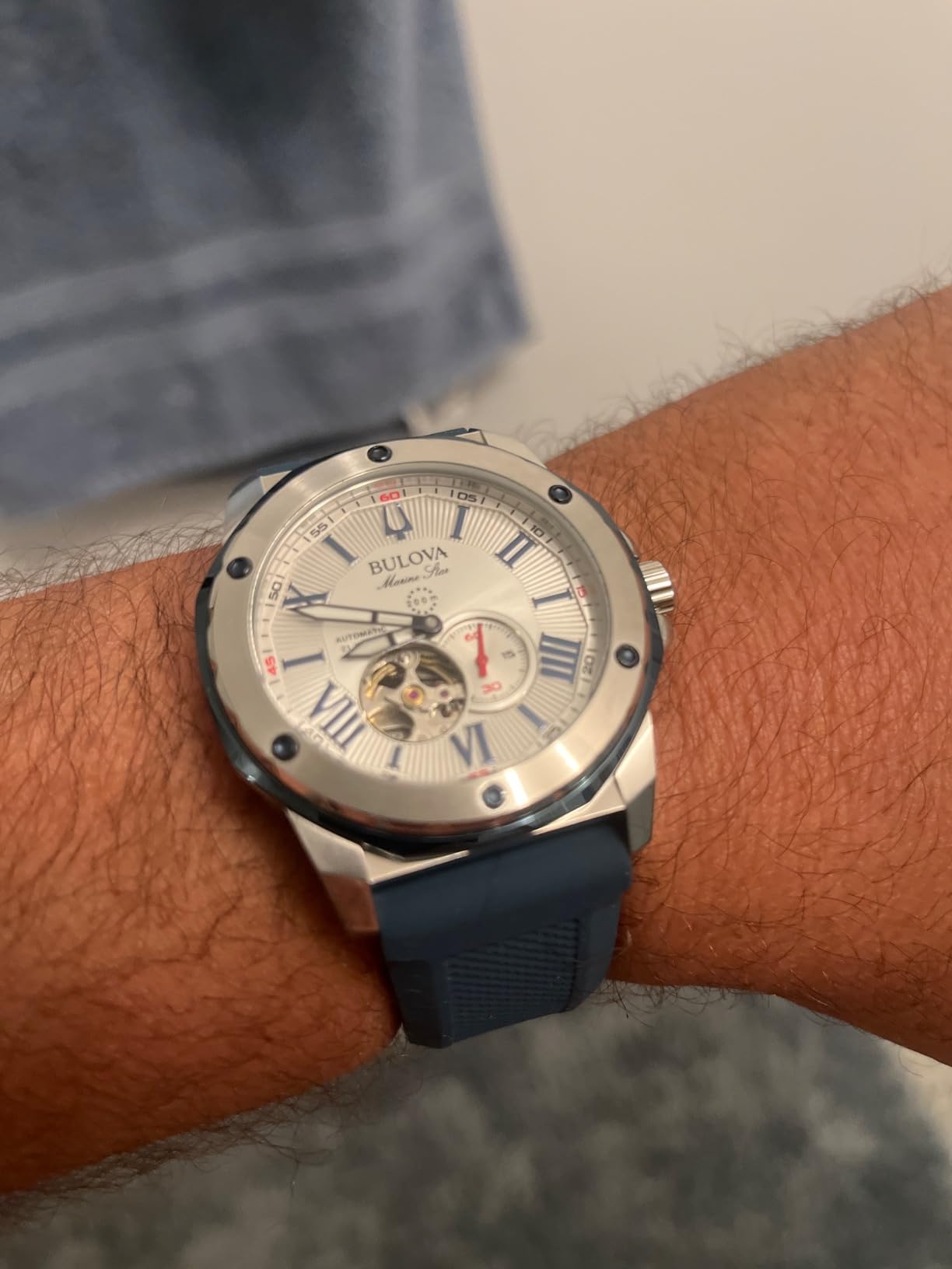 Bulova Men's Marine Star 'Series A' Automatic Stainless Steel Case with Blue Textured Silicone Strap, Open Aperture, Silver White Dial Model: 98A225 customer photo 2