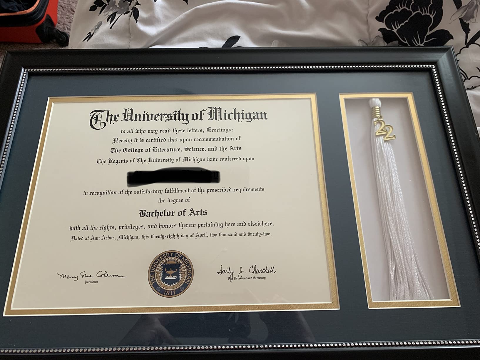 GraduationMall 11x17 Mahogany Diploma Frame with Tassel Holder for 8.5x11 Certificate Document, Real Glass, Black over Gold Mat customer photo 1
