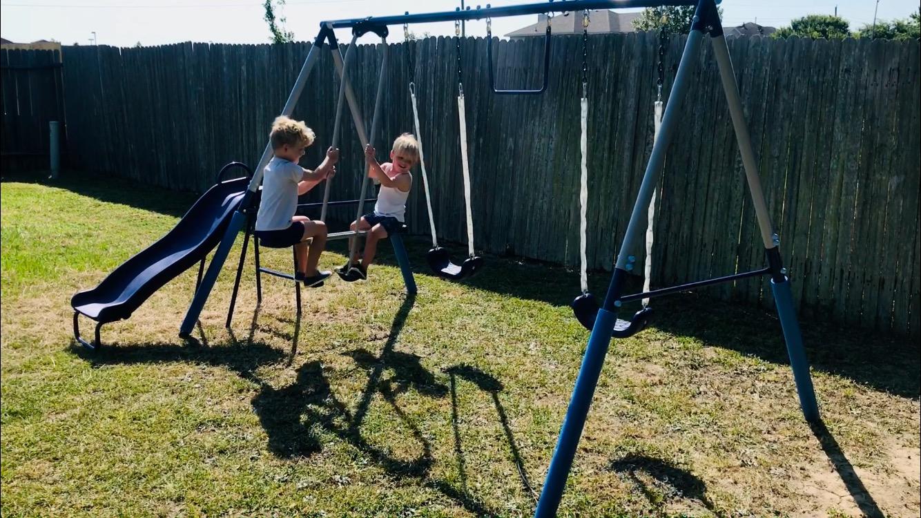 Sportspower Arcadia Metal Swing Set for Kids - Trapeze, 2-Person Glider, 5ft Slide, Anchor Kit, 6.1ft Durable Steel Frame - Outdoor Backyard Playset with 600 lbs Capacity customer photo 2