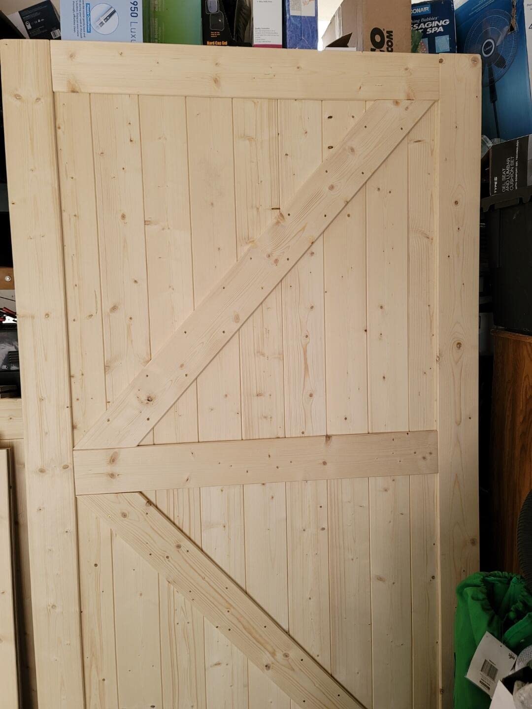 SmartStandard 36in x 80in Sliding Barn Wood Door, Natural, Fit 6-6.6FT Rail | Pre-Drilled Ready to Assemble, DIY Unfinished Solid Spruce Wood Panelled Slab, Interior Single Door Only, K-Frame customer photo 1