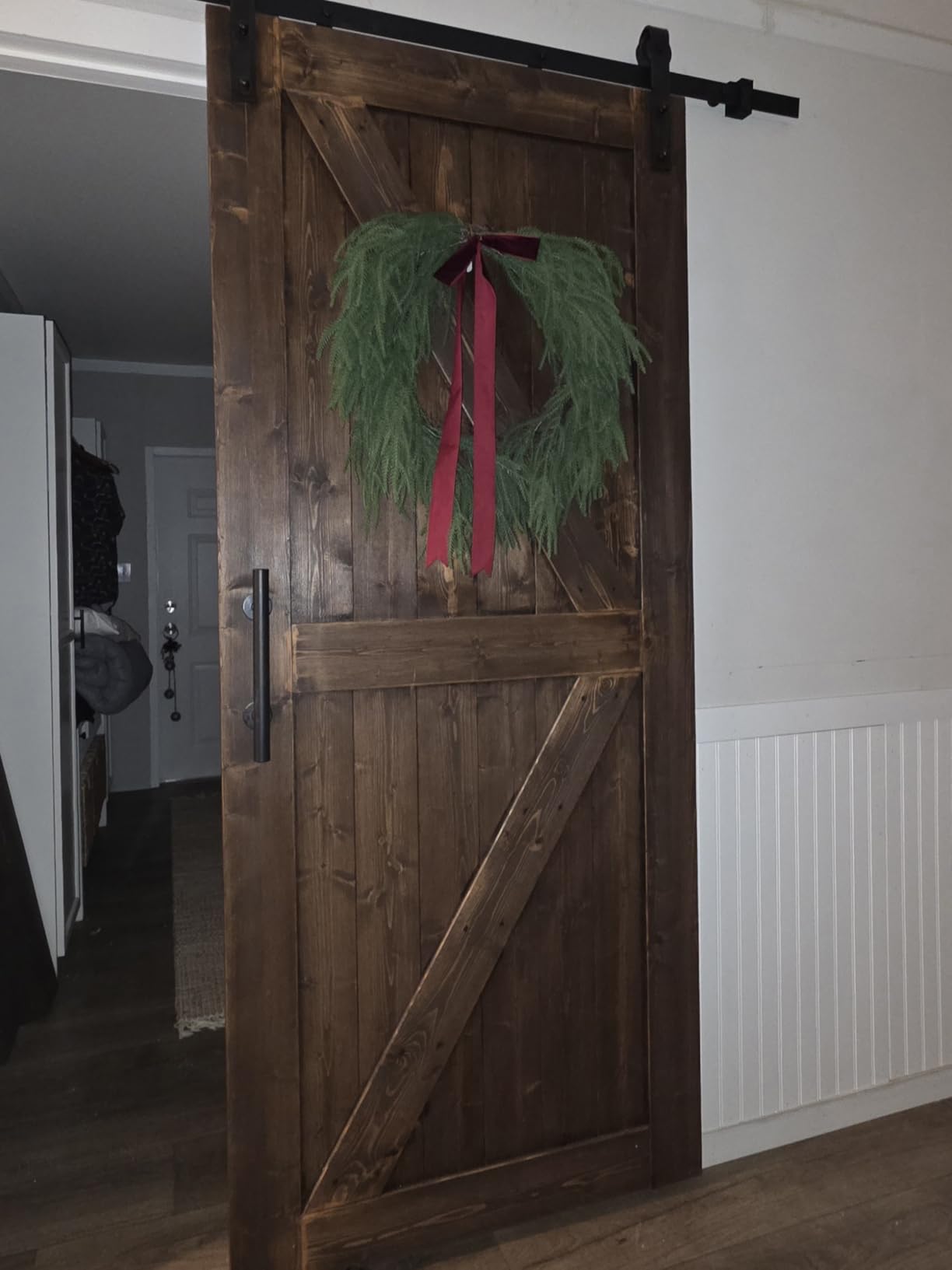 S&Z TOPHAND 36in x 84in Unfinished British Brace Knotty Barn Door with Sliding Hardware Kit | Solid Wood | Sliding Door | Double Surfaces customer photo 1