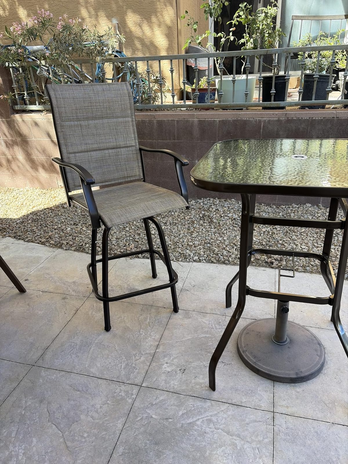 PHI VILLA 3 Piece Outdoor Swivel Bar Stools Set, Bar Height Patio Set with 2 Padded Brown Textilene Fabric Chairs, All-Weather High Top Patio Bistro Pub Table and Chairs Furniture customer photo 2