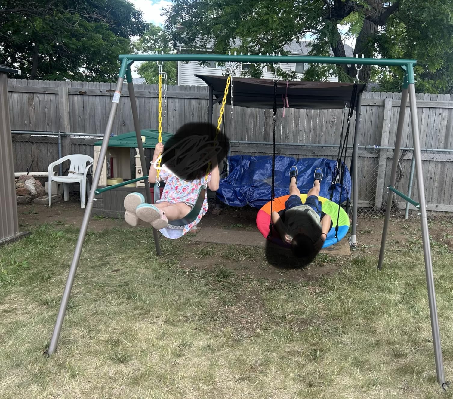 Trekassy 440lbs Swing Sets for Backyard, 2 Seat Saucer & Belt Swing - Green | Dual Swing Options, Heavy Duty A-Frame Metal Stand, Weather-Resistant, Easy Assembly, Outdoor Playset for Kids Family Fun customer photo 2