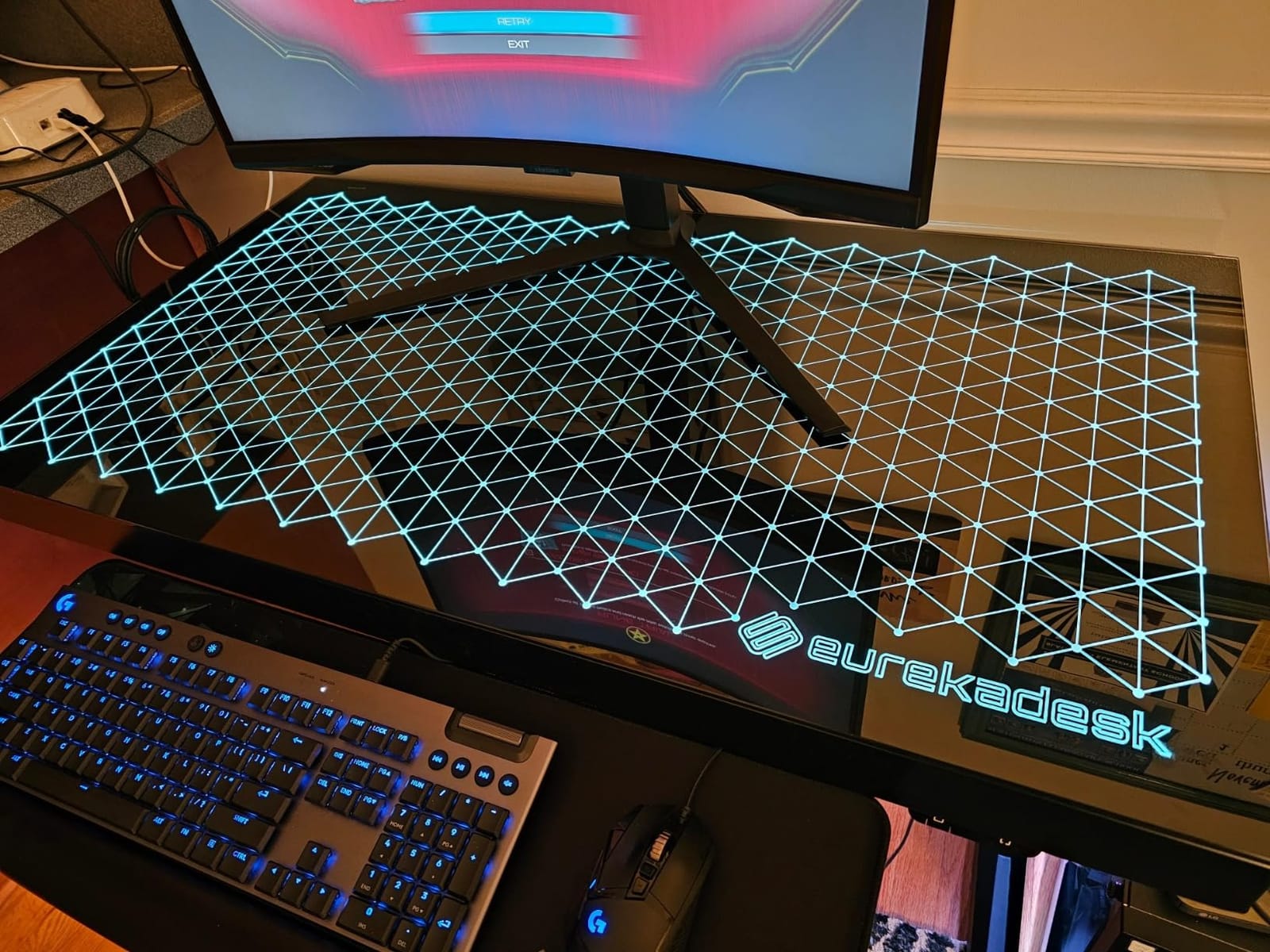 EUREKA ERGONOMIC RGB LED Gaming Desk, Music Sync Lights Up Tempered Glass Desktop, 43