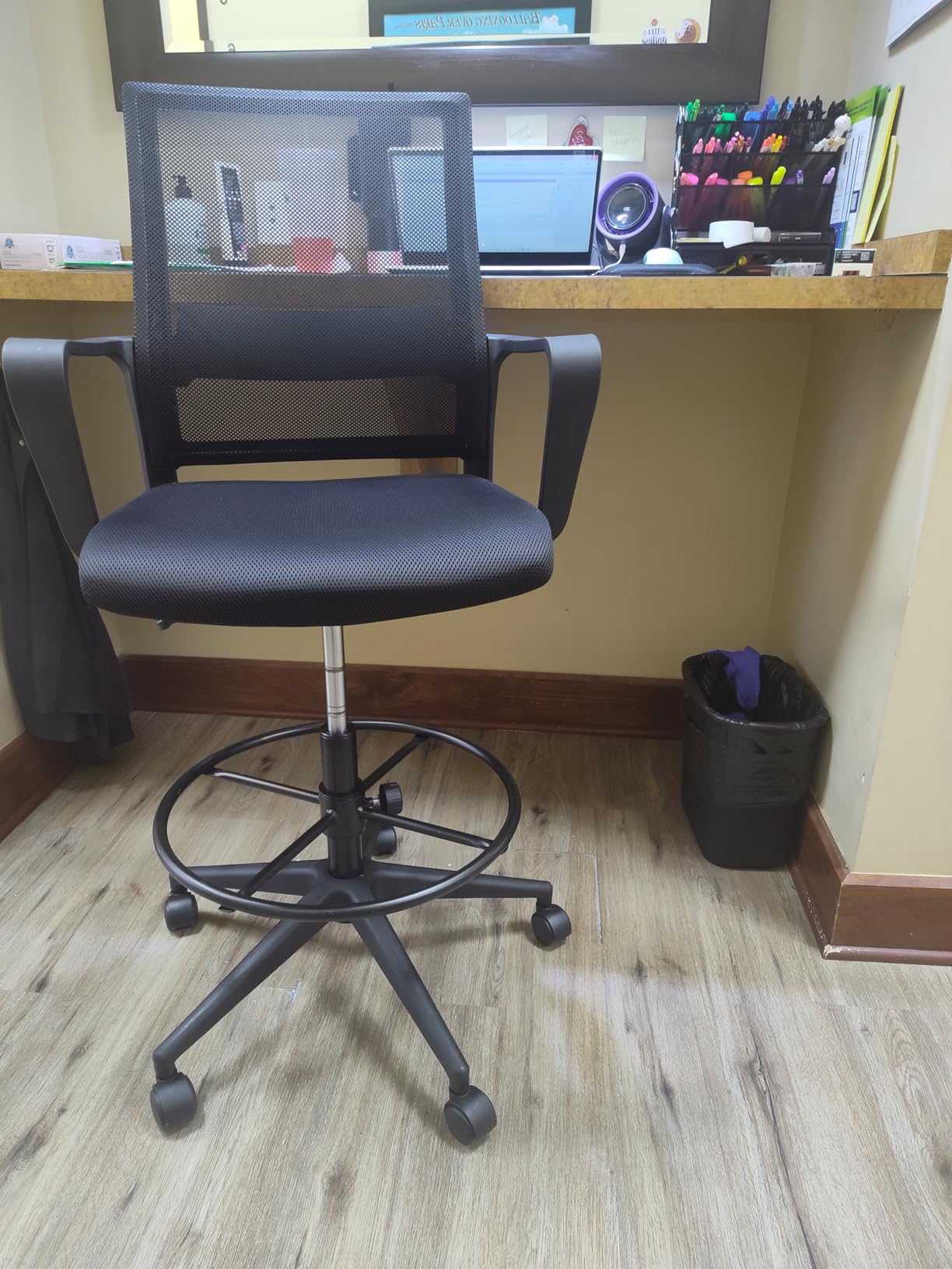 BestOffice Drafting Chair Tall Office Chair Adjustable Swivel Rolling Mesh Height with Lumbar Support Arms Footrest Mid Back for Adults Standing Desk Drafting Stool(Black) customer photo 1