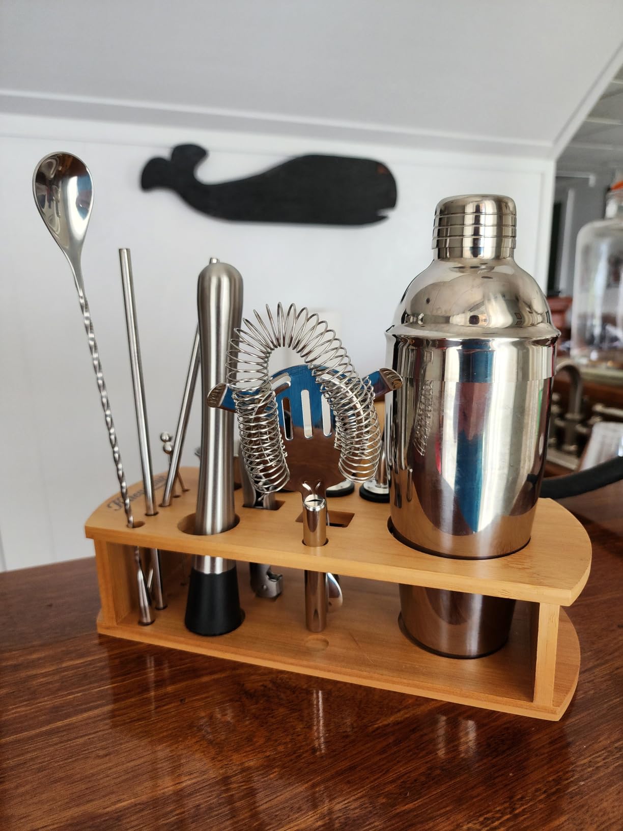 KITESSENSU Cocktail Shaker Set Bartender Kit with Stand | Bar Set Drink Mixer Set with All Essential Accessory Tools: Martini Shaker, Jigger, Strainer, Mixer Spoon, Muddler, Liquor Pourers | Silver customer photo 2