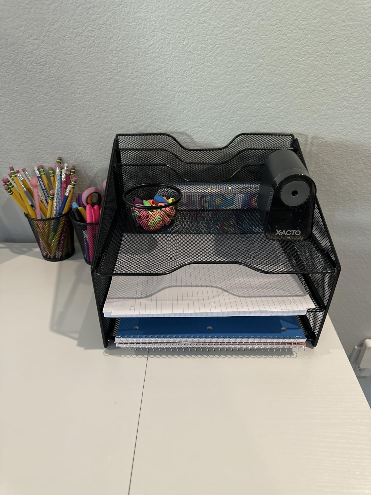 Samstar 2 Pack Mesh Desk File Organizer Letter Tray Holder, Desktop File Folder Holder with 3 Paper Trays and 2 Vertical Upright Section, Black customer photo 2