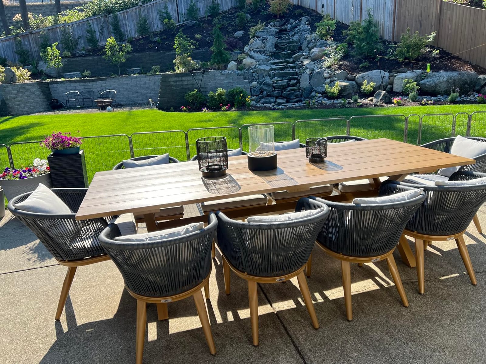 PURPLE LEAF 9 Pieces Patio Dining Set Wicker Outdoor Furniture Rectangular Table and Chairs Set for Garden Deck Teak-Finish Aluminum Frame Backyard Kitchen Set, Cushions and Pillows Included customer photo 2