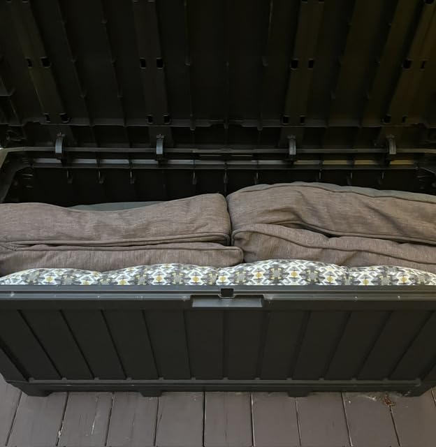 Keter Kentwood 92 Gallon Resin Deck Box-Organization and Storage for Patio Furniture Outdoor Cushions, Throw Pillows, Garden Tools and Pool Floats, Brown customer photo 2