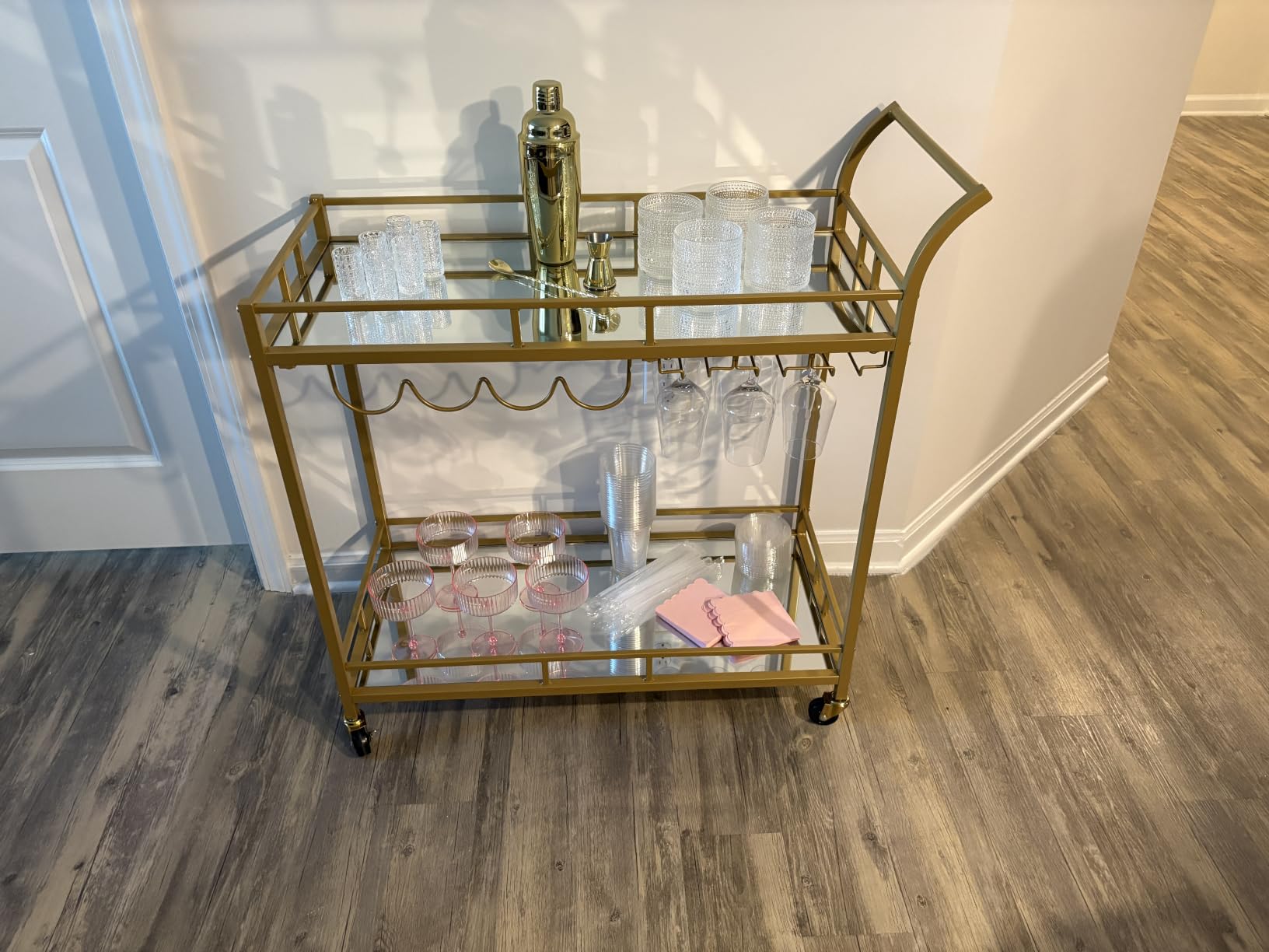 VASAGLE Bar Cart with 2 Mirrored Shelves, Wine Holders, Glass Holders | Home Bar Serving Cart, Wine Cart, for Kitchen, Dining Room, Gold, 15 x 33.9 x 35.4 inches, ULRC090A03 customer photo 2