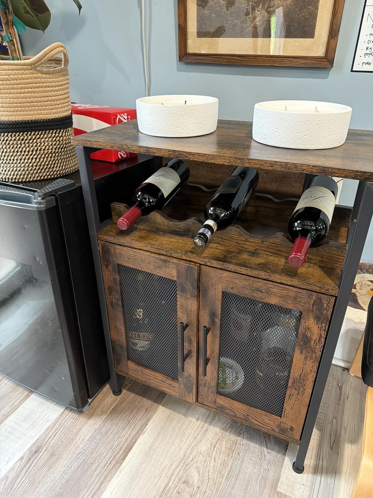 X-cosrack Wine Bar Rack Cabinet with Detachable Wine Rack, Coffee Bar with Glass Holder, Small Sideboard and Buffet Cabinet with Mesh Door, Rustic Brown (Patent Pending) customer photo 2