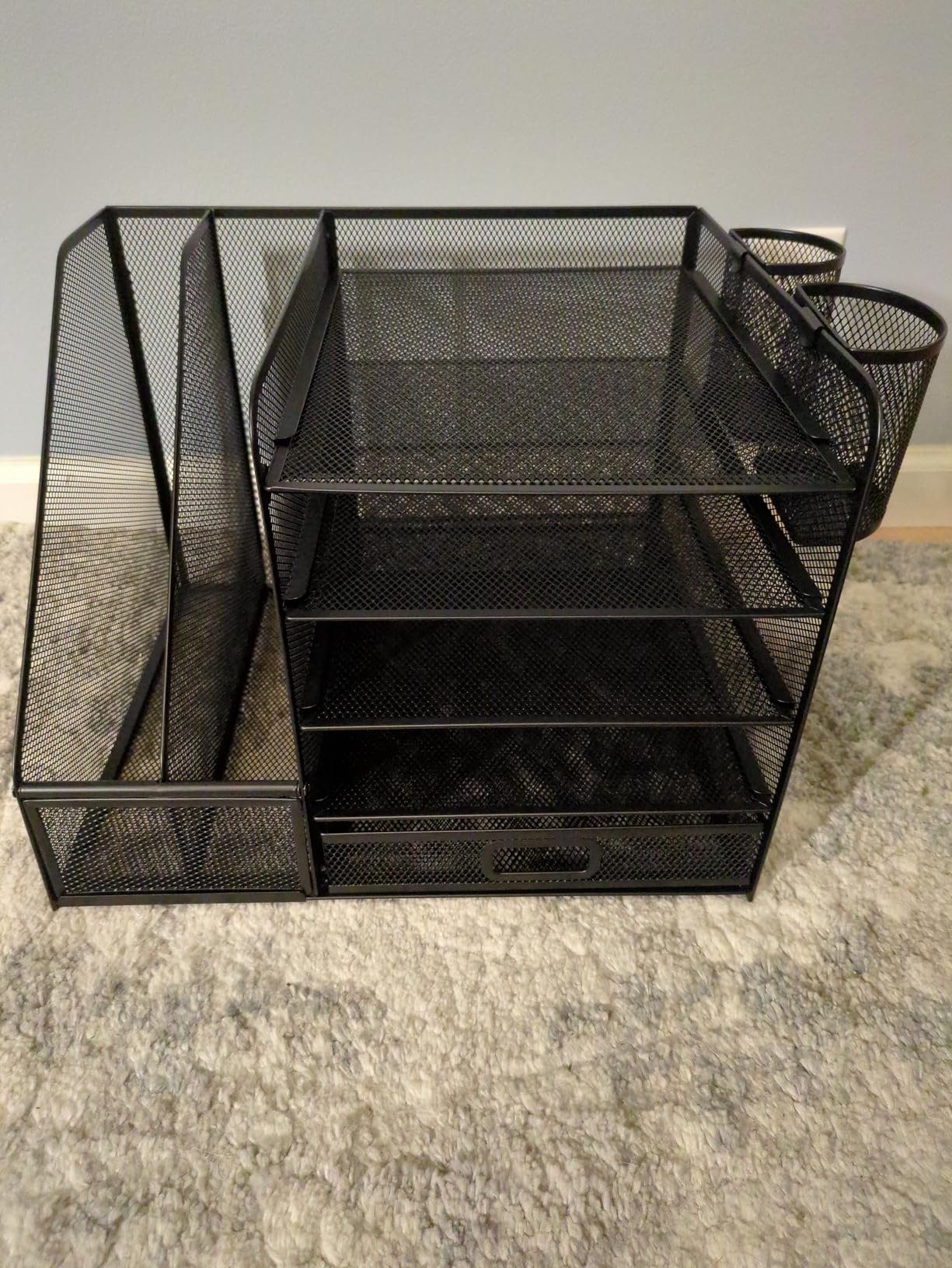 Marbrasse Desk Organizer with File Holder, 5-Tier Paper Letter Tray Organizer with Drawer and 2 Pen Holder, Mesh Desktop Organizer and Storage with Magazine Holder for Office Supplies(Black) customer photo 1