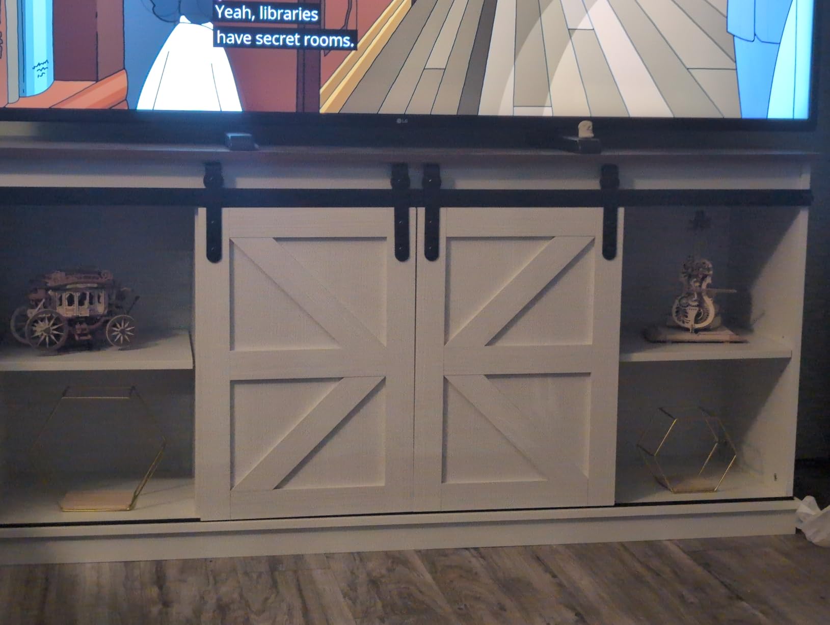 JUMMICO TV Stand for 65 Inch TV, Sliding Barn Doors, Bright White Farmhouse Entertainment Center, Storage Cabinets, Adjustable Shelves, Media Console for Living Room, Bedroom customer photo 1