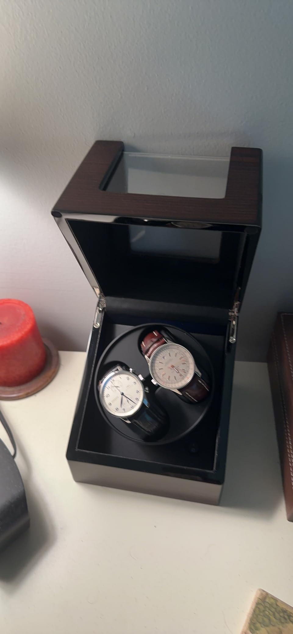 ANWBROAD Watch Winder for Automatic Watches Double Automatic Watch Winder | Super Quiet Motor, Flexible Watch Pillows LED Backlight Wooden Watch Winder Box, 4 Modes Battery or Type-C Adapter customer photo 2