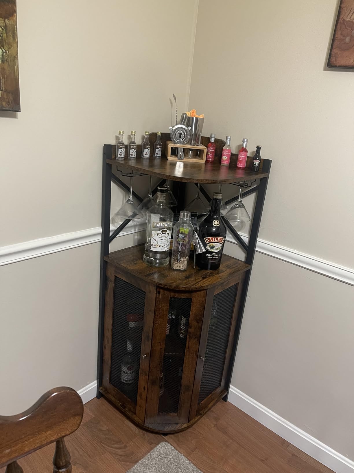JKsmart Corner Bar Cabinet with LED Lights, Industrial Wine Cabinet with Glass Holder, 4-Tier Wine Cabinet with Door and Shelf, Farmhouse Home Bar for Liquor Wine Coffee Storage, Rustic Brown customer photo 1