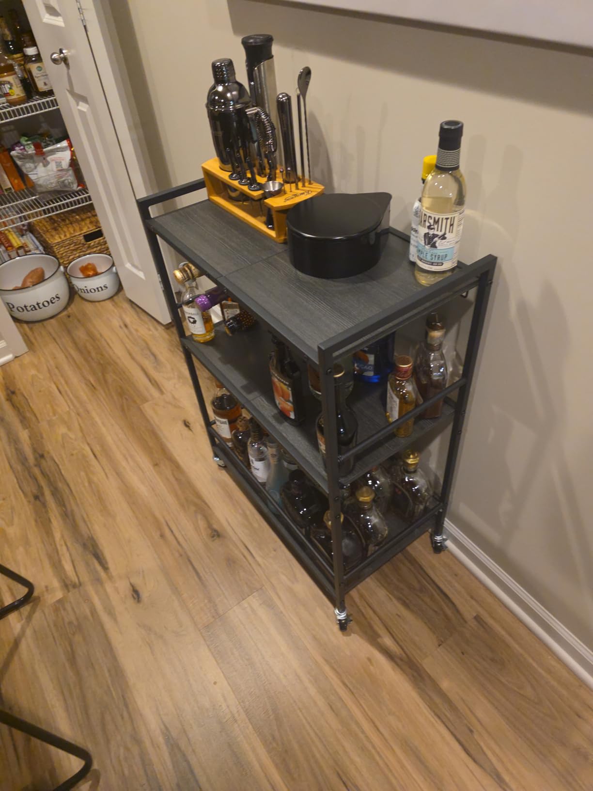 TUTOTAK Bar Cart with Wheels, Drink Cart with Wine Rack and Glass Holder | 3-Tier 23.7 Inch Wide Home Bar Serving Carts, Small Mobile Kitchen Shelf with 6 Hooks, Rustic Brown BC01BB030 customer photo 1