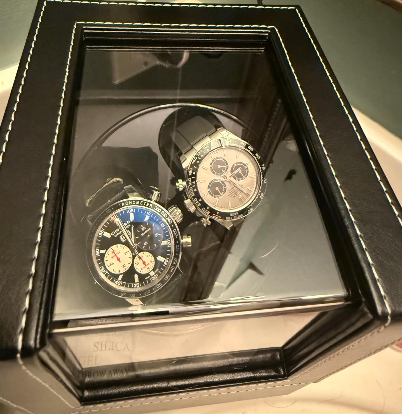 Mcbazel Watch Winder for Automatic Watches, Double Automatic Watch Winder Box with Quiet Japan-made Motor, Automatic Watch Display Storage Rotation Wristwatch Box with 2 Slots (Black PU Leather) customer photo 2