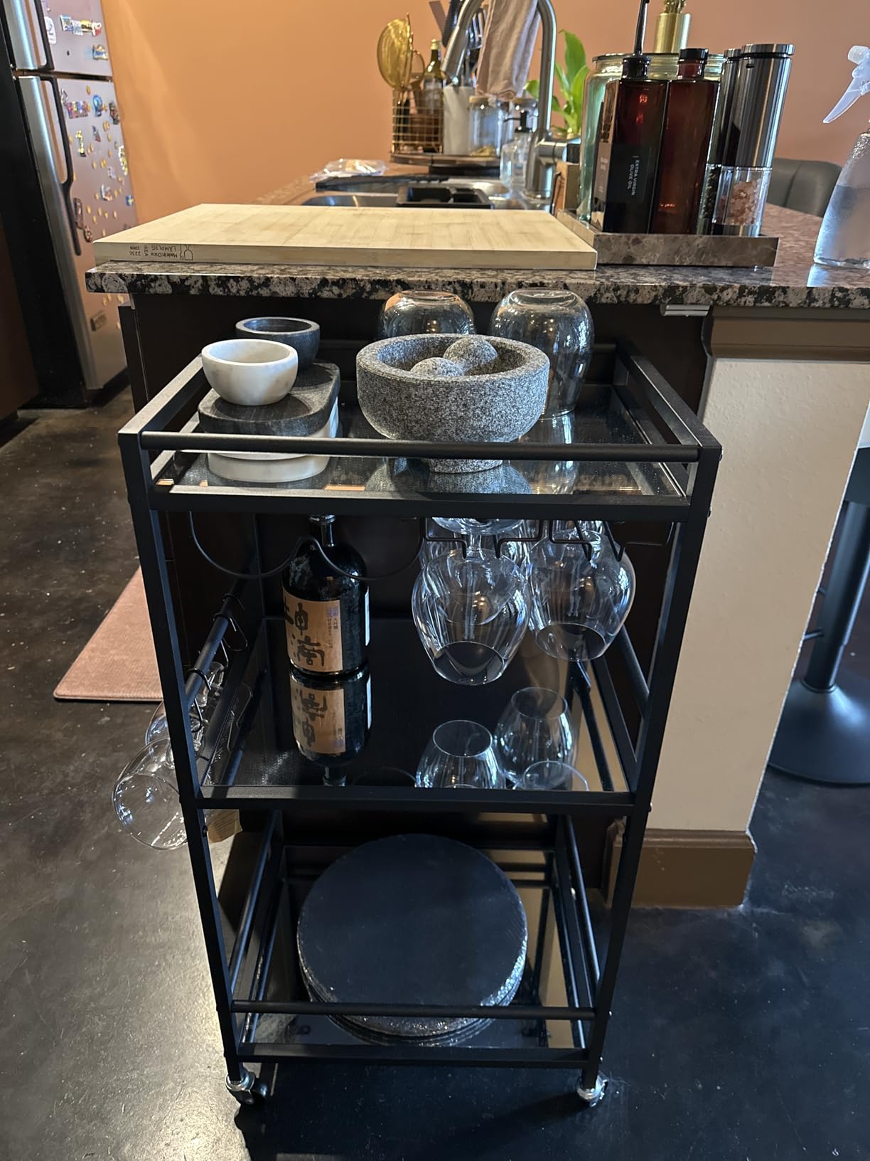 TUTOTAK Bar Cart, Serving Cart for Home, Drink Cart, Mobile Kitchen Shelf with Wine Rack and Glass Holder, Rolling Beverage Cart, Gold BC01BB031 customer photo 1