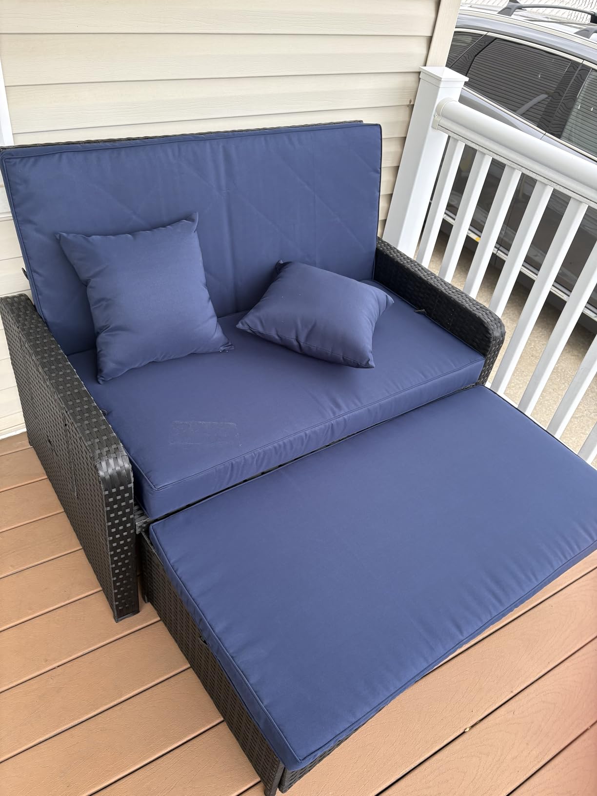 Tangkula Patio Rattan Daybed with 4-Level Adjustable Backrest, Outdoor PE Wicker Loveseat with Storage Ottoman & Folding Side Tray, Double Sunbed Lounger for Balcony, Backyard & Poolside, Red & Brown customer photo 2