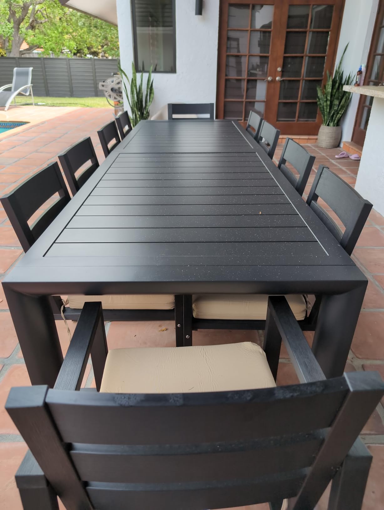 PURPLE LEAF Patio Dining Table for 10, All Aluminum Frame Height Adjustable | Lightweight design moves easily, Adjustable feet level uneven surfaces, Six legs provide stable support, Slatted tabletop customer photo 1