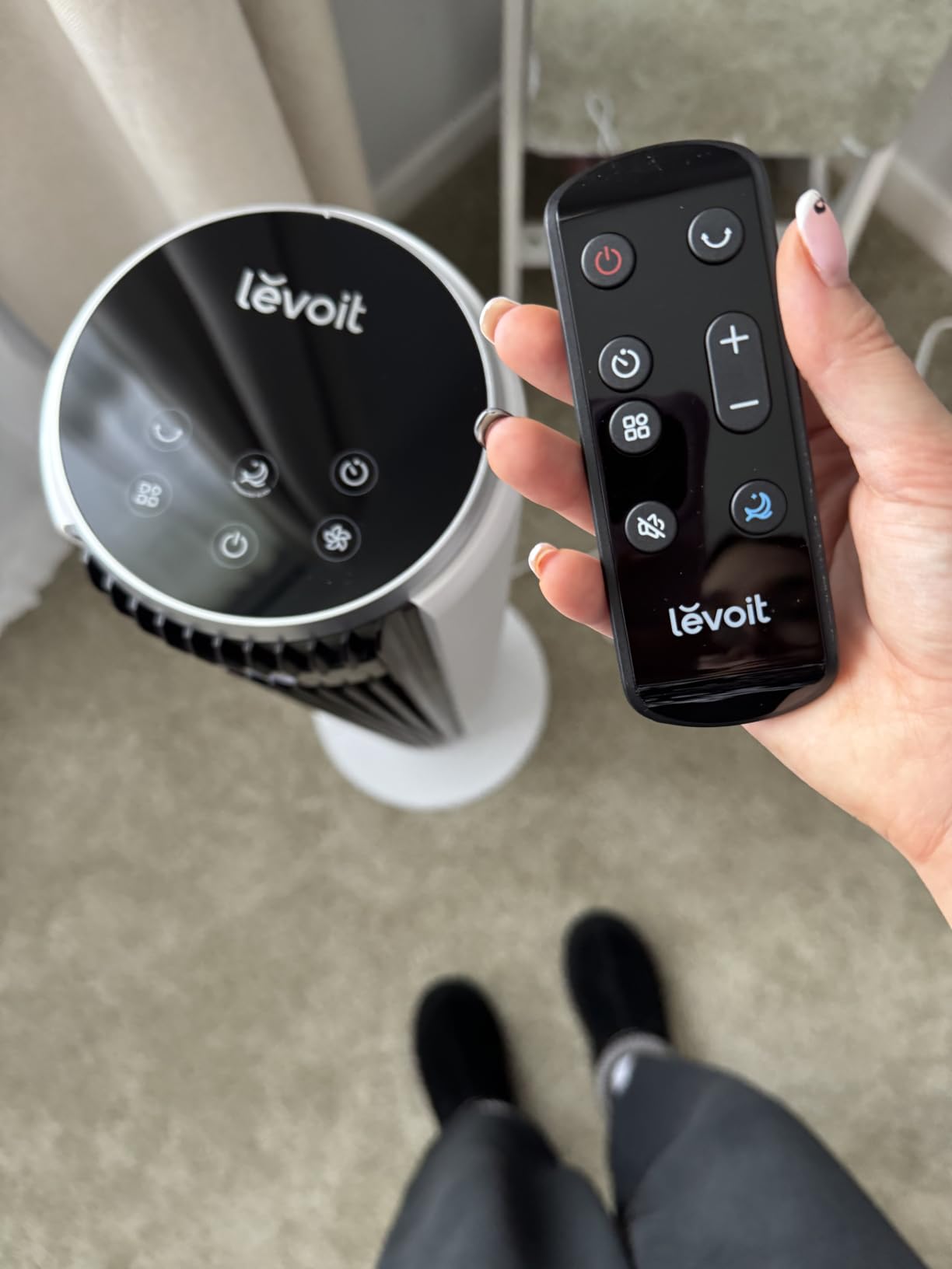 Levoit Tower Fan for Bedroom, 28ft/s Fans that Blow Cold Air, 28dB Quiet | Standing Floor Fan for Room, 90° Oscillating, 5 Speeds 4 Modes & Temp Sensor, Bladeless, 12H Timer, Remoter, 36 inch, White customer photo 1