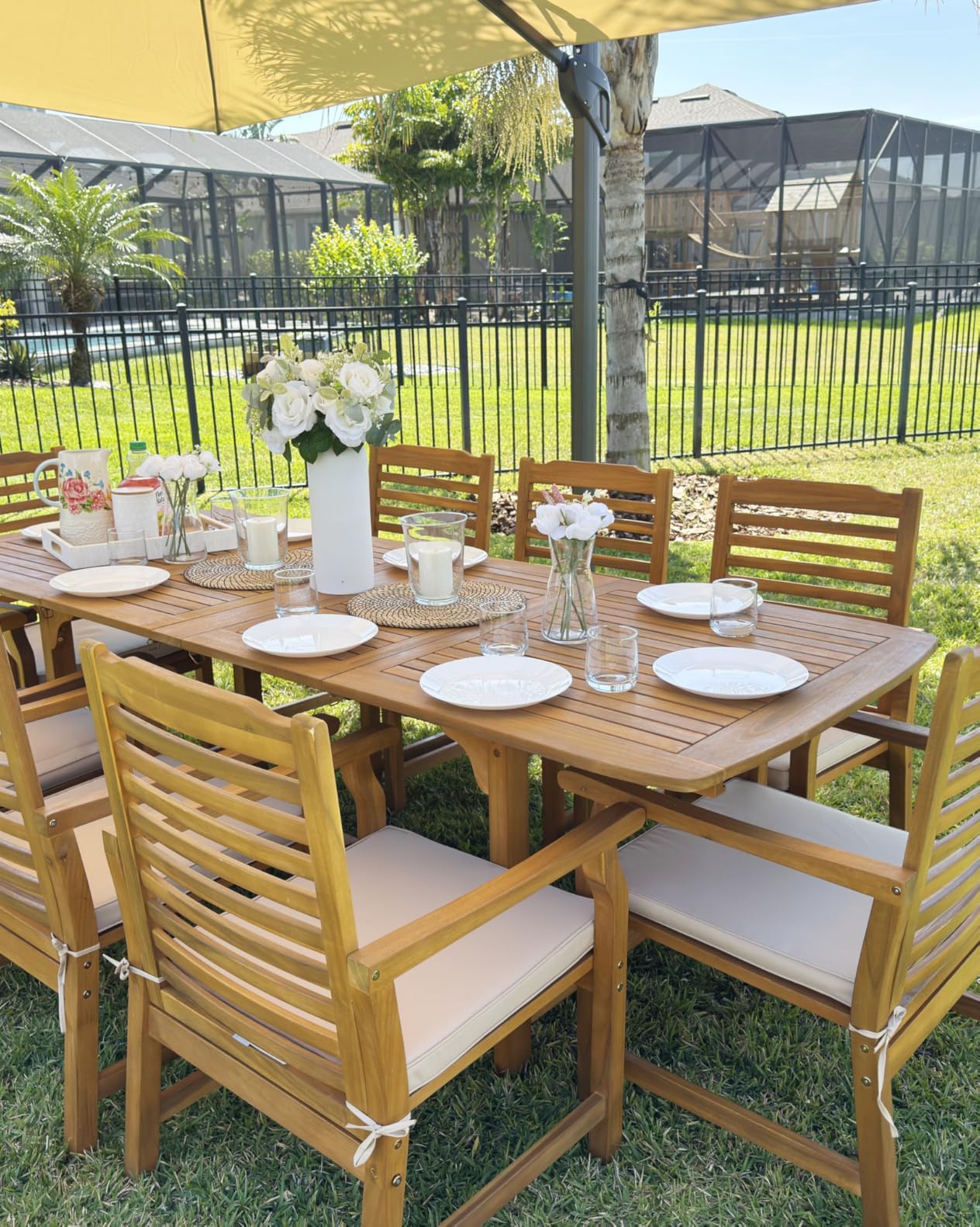 PHI VILLA 9pc Outdoor Dining Set, Expandable Wood Table w/Umbrella Hole | Acacia wood teak patio furniture set for 8. Perfect for patio, deck, porch, backyard. Chairs with cushions customer photo 1