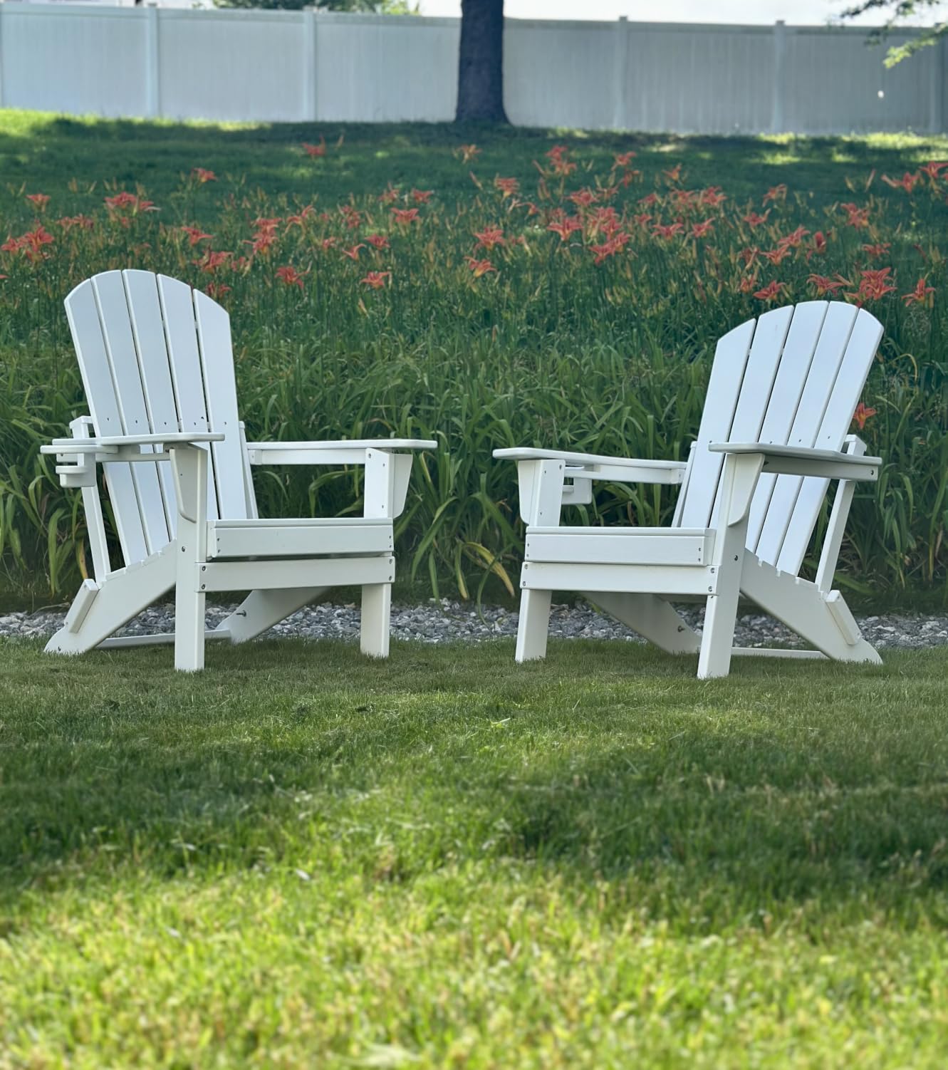 Plawdlik Folding Adirondack Chair, SGS Tested, Wooden Textured with Cup Holder, Heavy All-Weather HDPE Comfortable Set Poolside Backyard Lawn Navy Blue customer photo 1