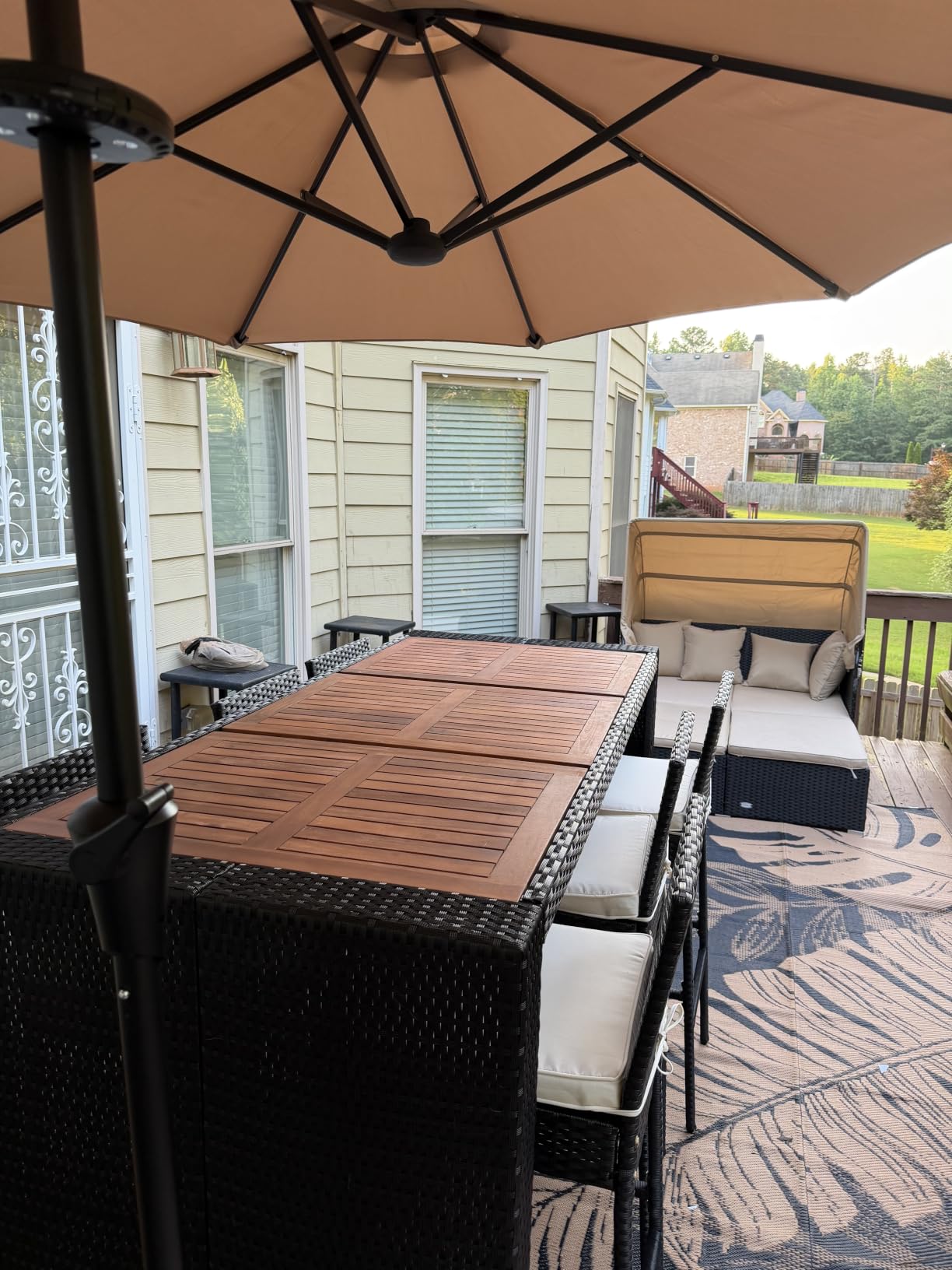 Yaheetech 7 Piece Patio Dining Set Outdoor Acacia Wood Bar Table and Chairs with Removable Cushions, Wicker Furniture Set for Deck, Backyard, Garden, Black/Beige customer photo 1