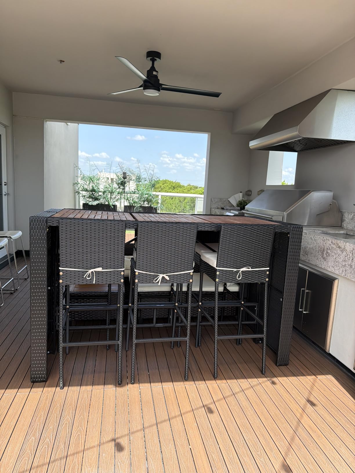 Yaheetech 7 Piece Patio Dining Set Outdoor Acacia Wood Bar Table and Chairs with Removable Cushions, Wicker Furniture Set for Deck, Backyard, Garden, Black/Beige customer photo 2