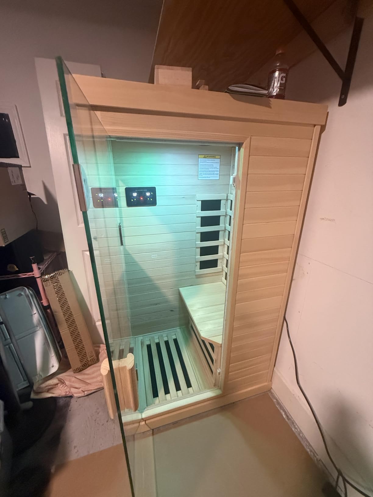 OUTEXER Far Infrared Sauna Home Sauna Spa Room Low-EMF Wood 1200W 120V | Indoor Saunas with 7 color light Tempered Glass Door, Room: 35.2*27.6*61.6Inch customer photo 1