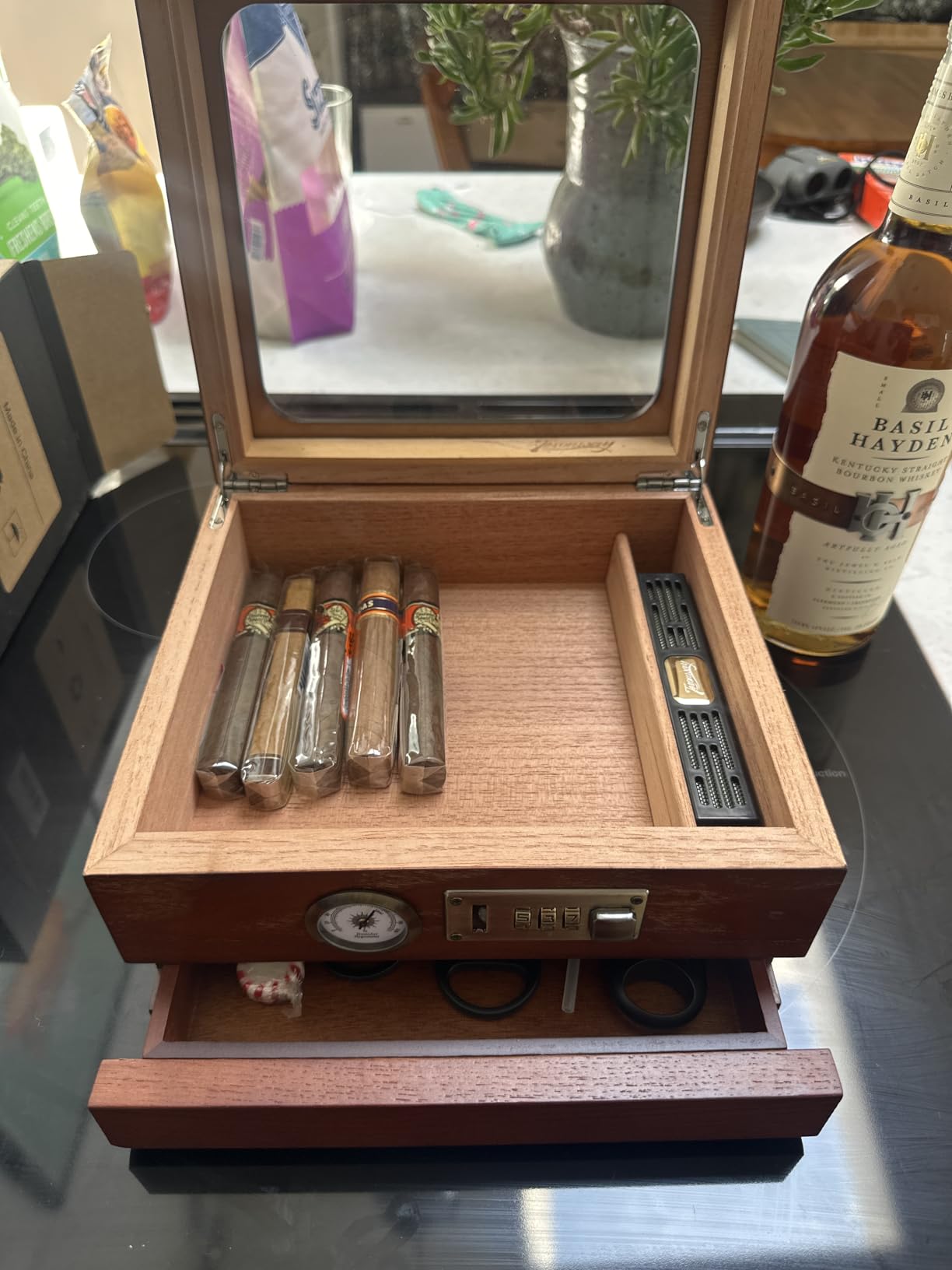 Tesonway Cigar Humidor, Cedar Wood Humidor Cigar Box, Glass Top Desktop Humidor with Front Hygrometer, Humidifier, Divider, Accessories Drawer and Combination Lock, Cigar Gifts for Men (Brown) customer photo 1