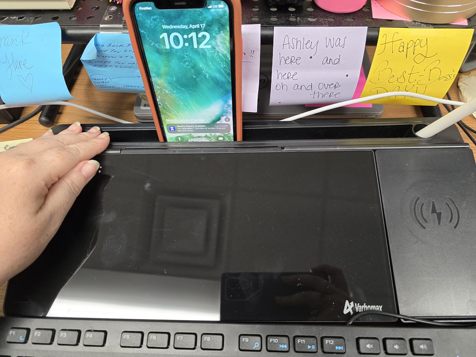 Varhomax Glass Desk Whiteboard Black with Wireless Charger | Desktop Dry Erase White Board with Storage, To Do List Memo Notepad with Accessories customer photo 2