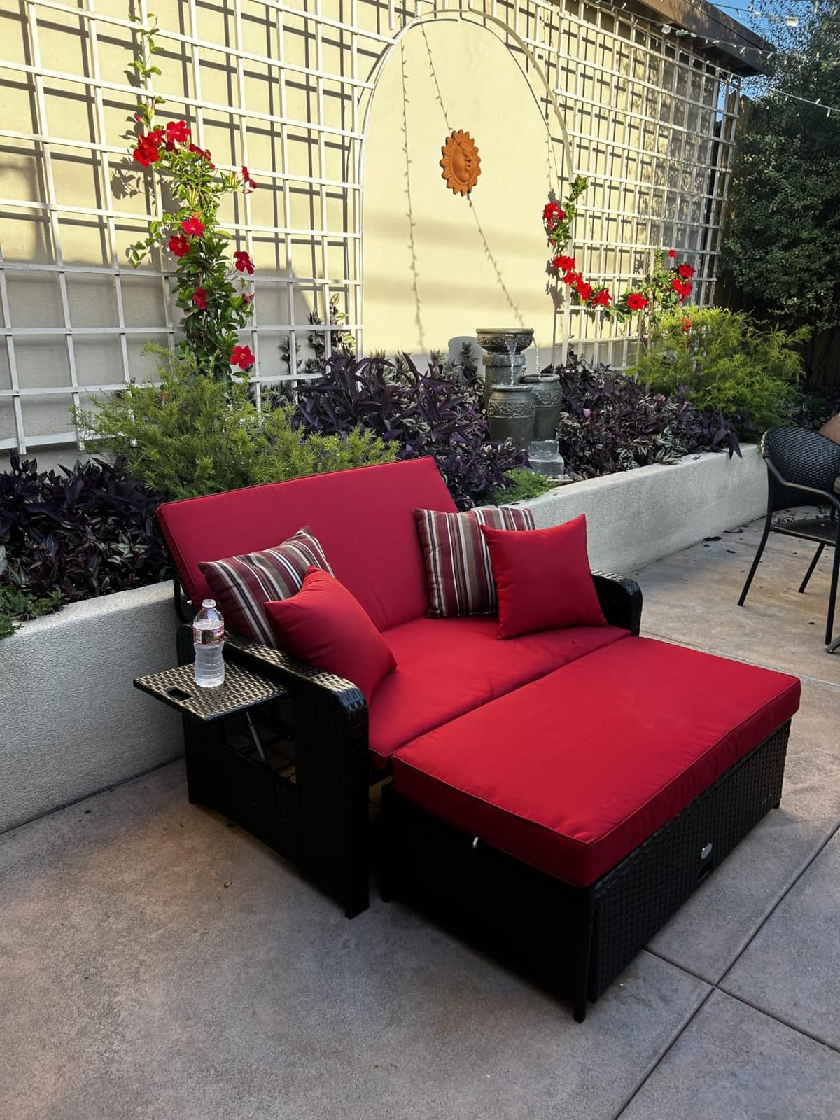 Tangkula Patio Rattan Daybed with 4-Level Adjustable Backrest, Outdoor PE Wicker Loveseat with Storage Ottoman & Folding Side Table, Double Sunbed for Balcony, Backyard & Poolside, Grey customer photo 1