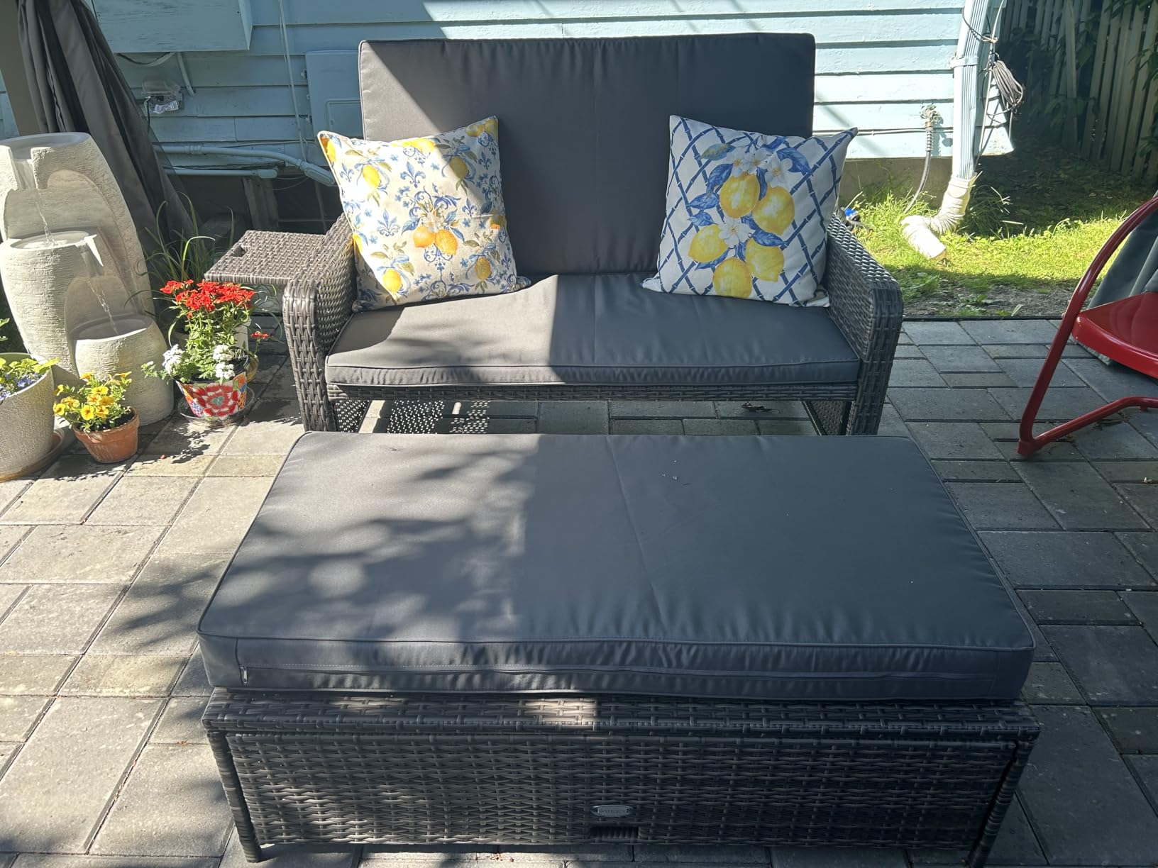 Tangkula Patio Rattan Daybed with 4-Level Adjustable Backrest, Outdoor PE Wicker Loveseat with Storage Ottoman & Folding Side Table, Double Sunbed for Balcony, Backyard & Poolside, Grey customer photo 2