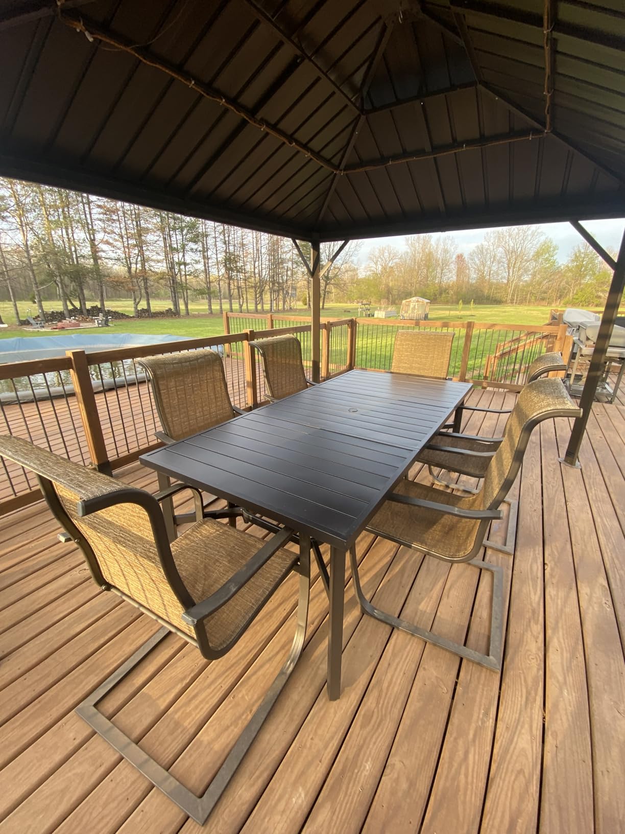 Outdoor Dining Table for 8, Black Metal Table w/Umbrella Hole | 83