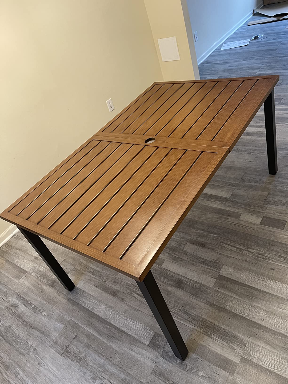Outdoor Dining Table for 8, Black Metal Table w/Umbrella Hole | 83