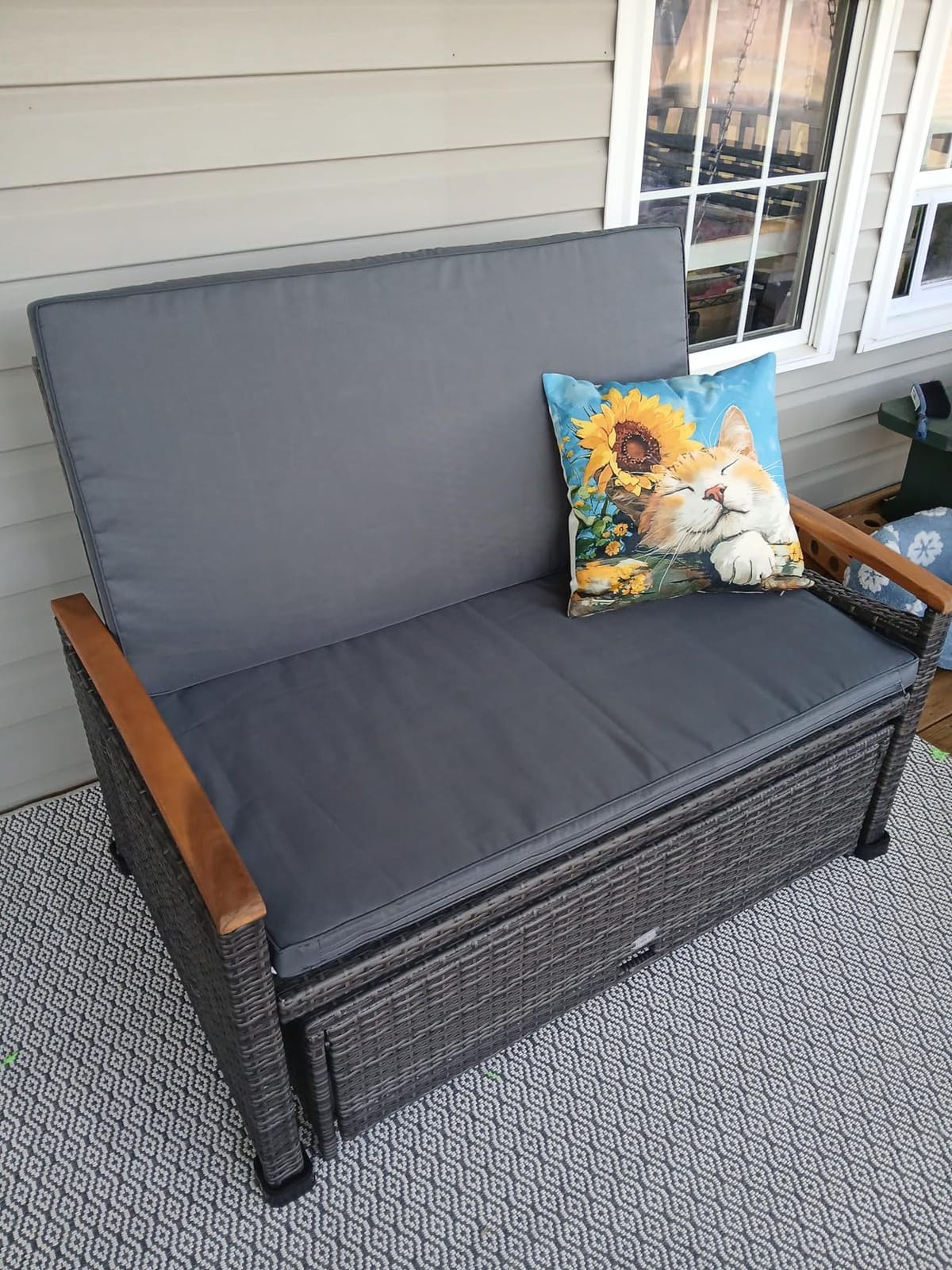 LDAILY Moccha Outdoor Wicker Daybed, Patio Rattan Loveseat Sofa w/ 4-Level Adjustable Backrest, Folding Panels, Storage Ottoman & Cushions, Lounge Furniture Set for Poolside Backyard Porch (Navy) customer photo 1