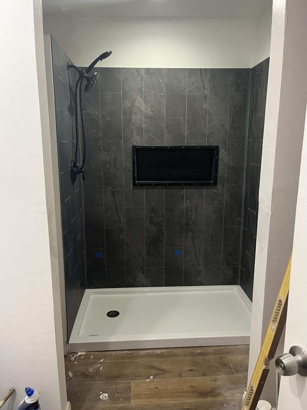 Palisade Vinyl Shower Surround Kit 78in x 60in x 32in, Urban Quarry | Waterproof PVC wall panels, grout-free design, coordinating trim, shelves, adhesive and sealant included customer photo 1